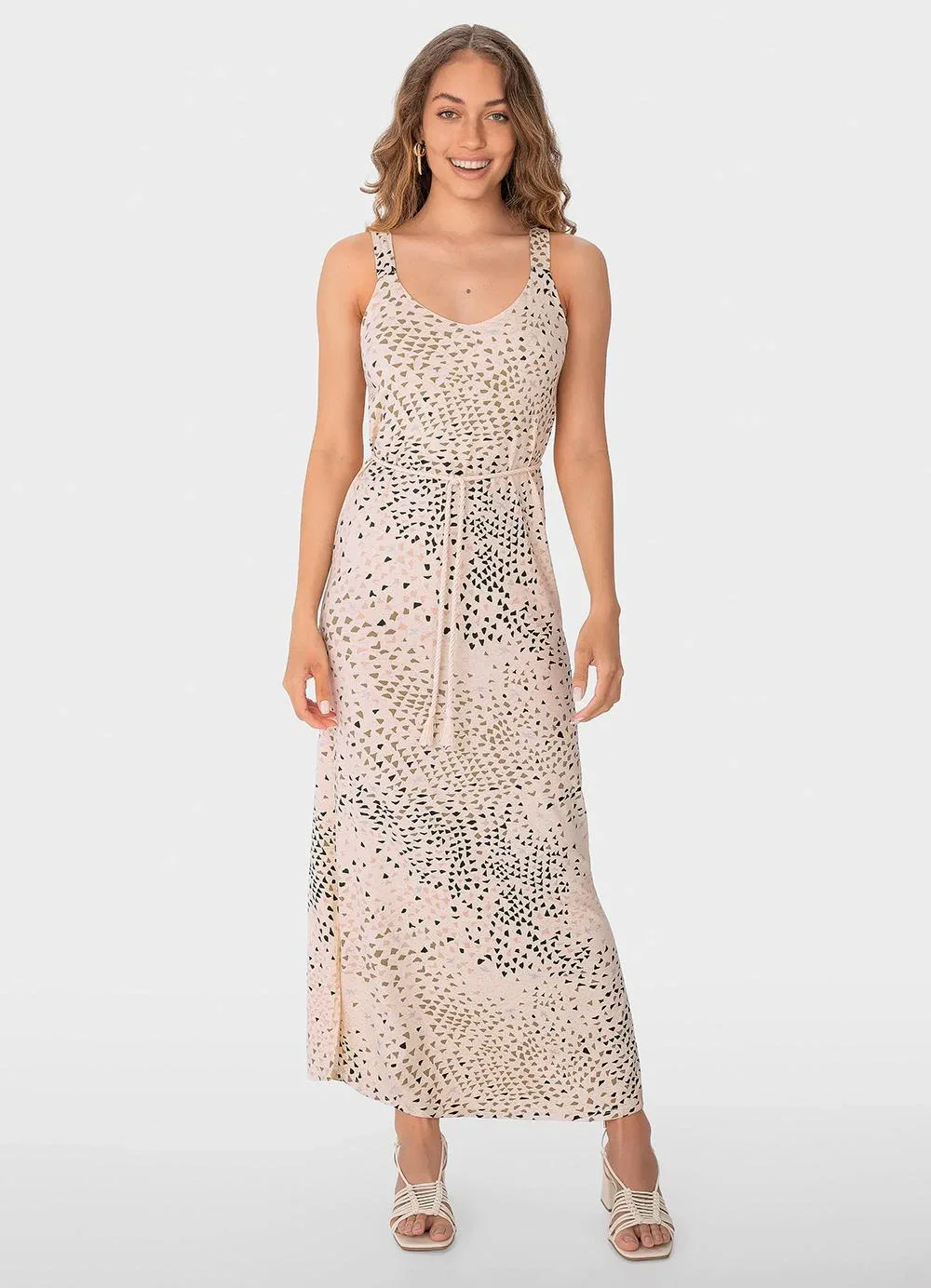 Malwee - Vestido Bege Midi Animal Print