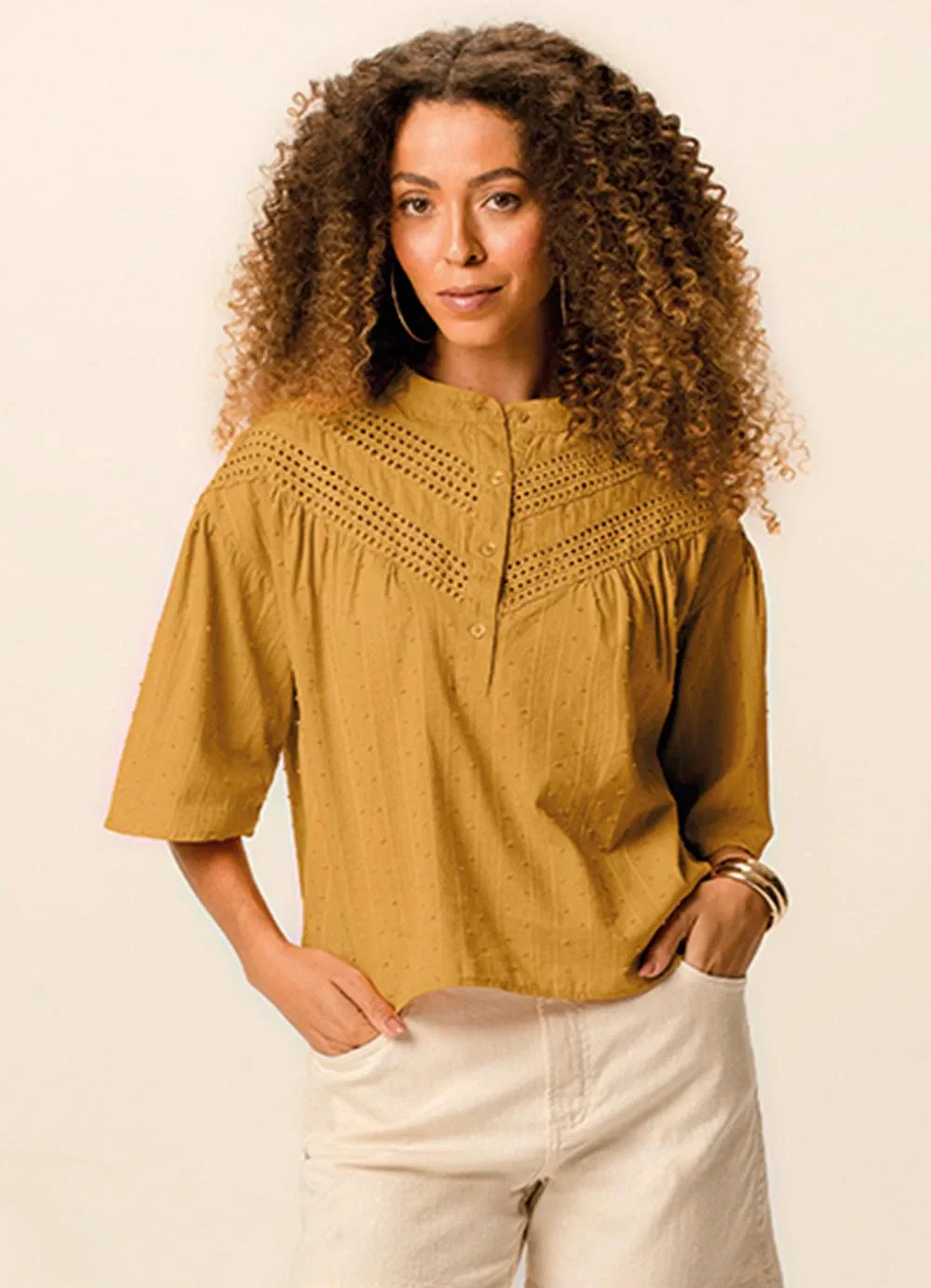 Malwee - Blusa Bata em Algodão Amarelo Mostarda
