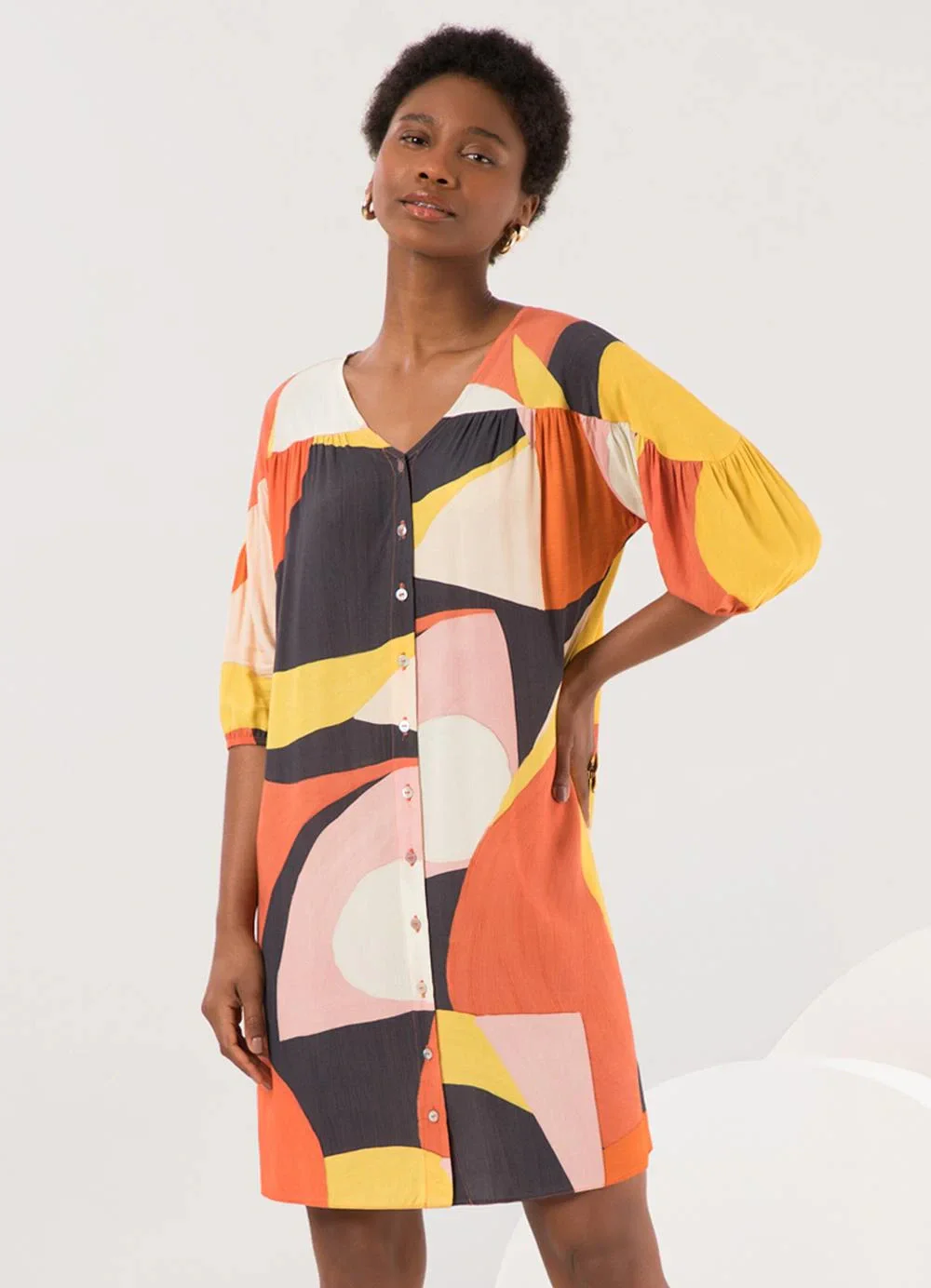 Lunender - Vestido Curto com Mangas 3/4 e Botões Laranja