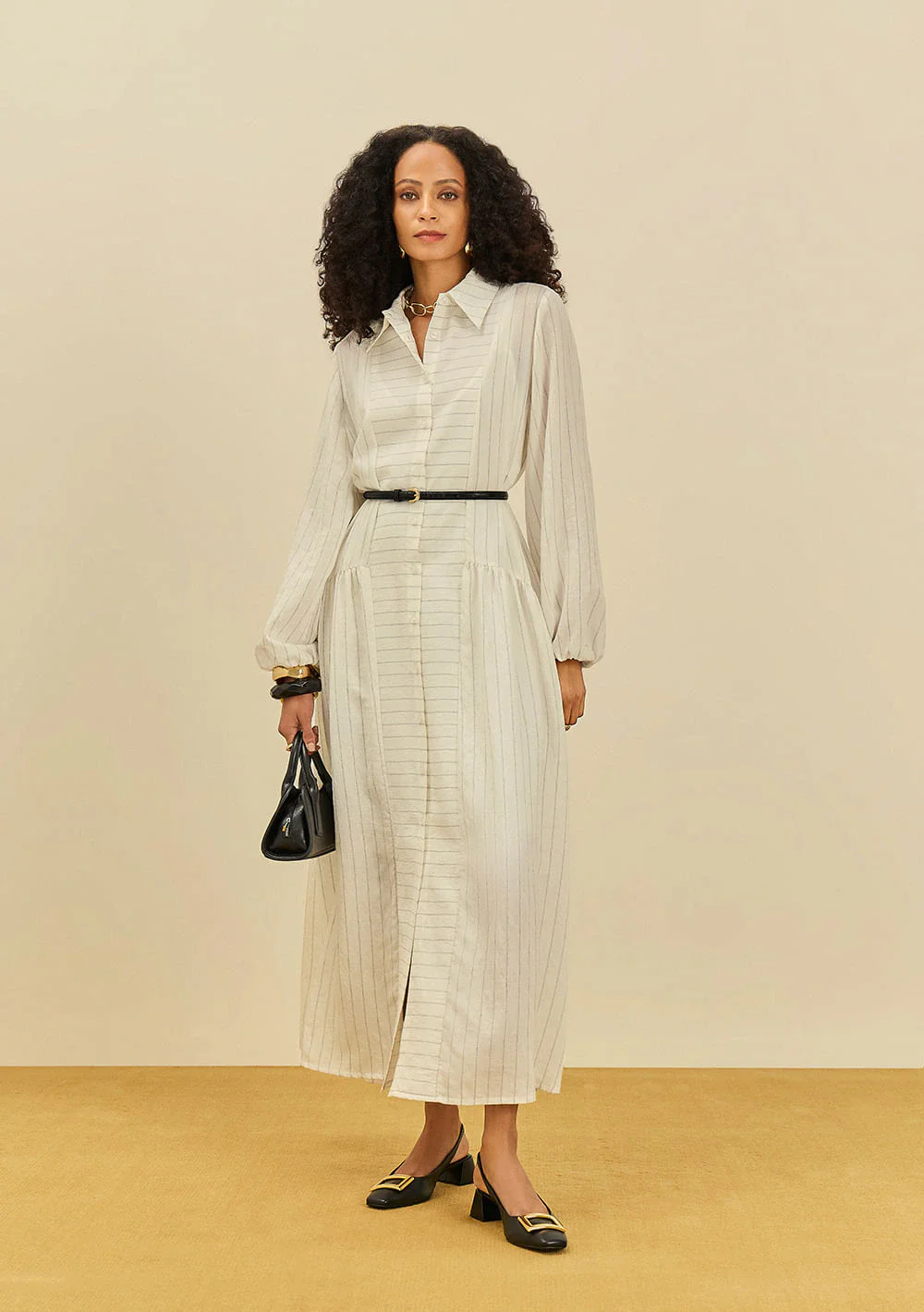Vestido Maria.Valentina Solto Gola Clássica Manga Longa Midi Off White