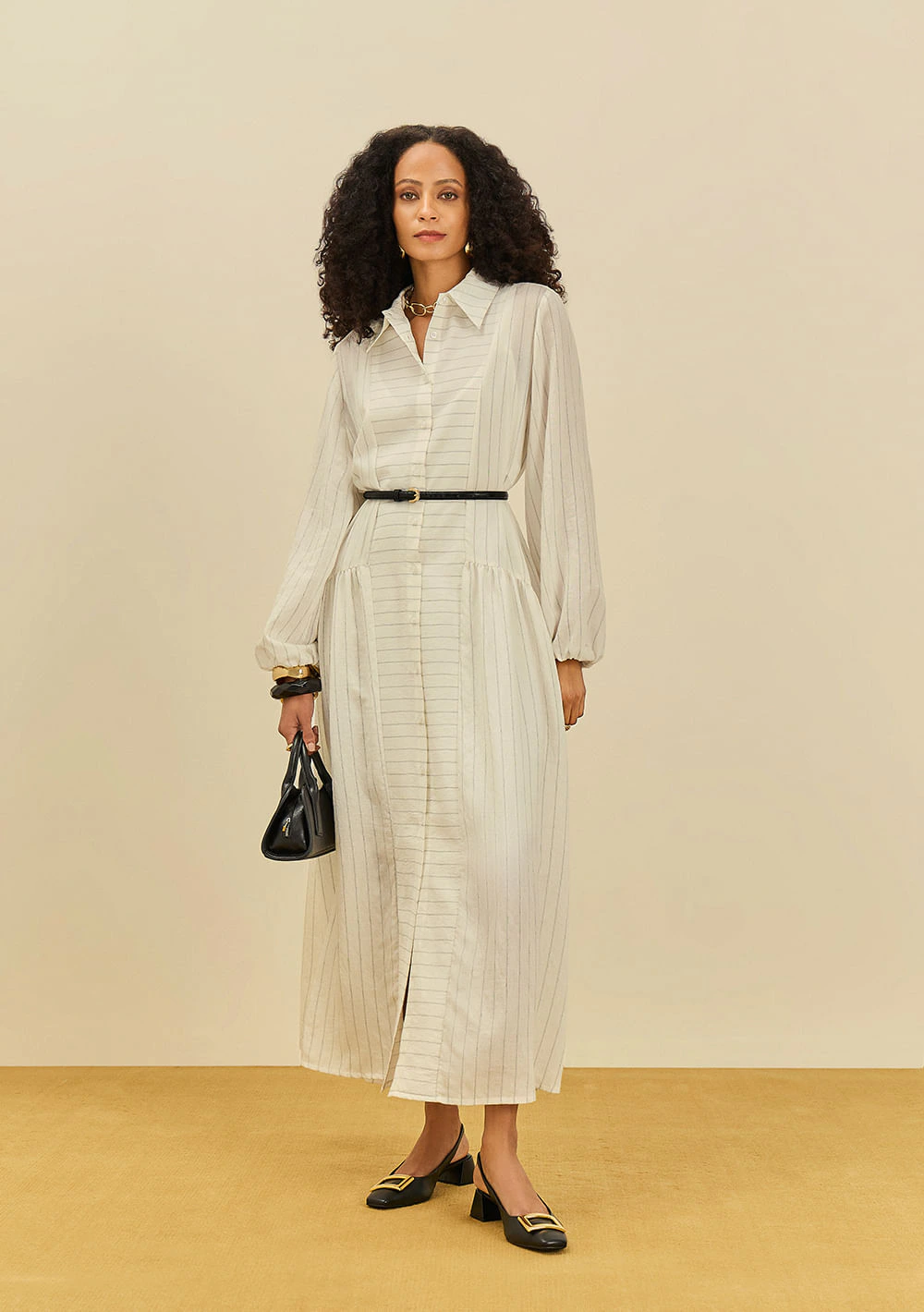 Vestido Maria.Valentina Solto Gola Clássica Manga Longa Midi Off White