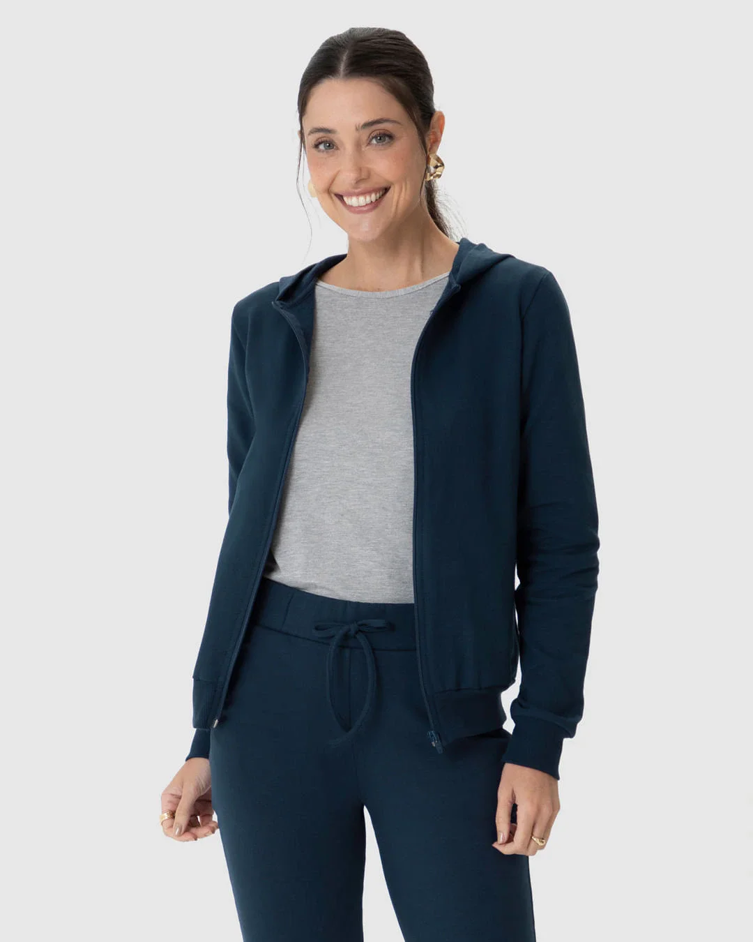 Jaqueta Básica Feminina Com Capuz Moletom Stretch Flanelado