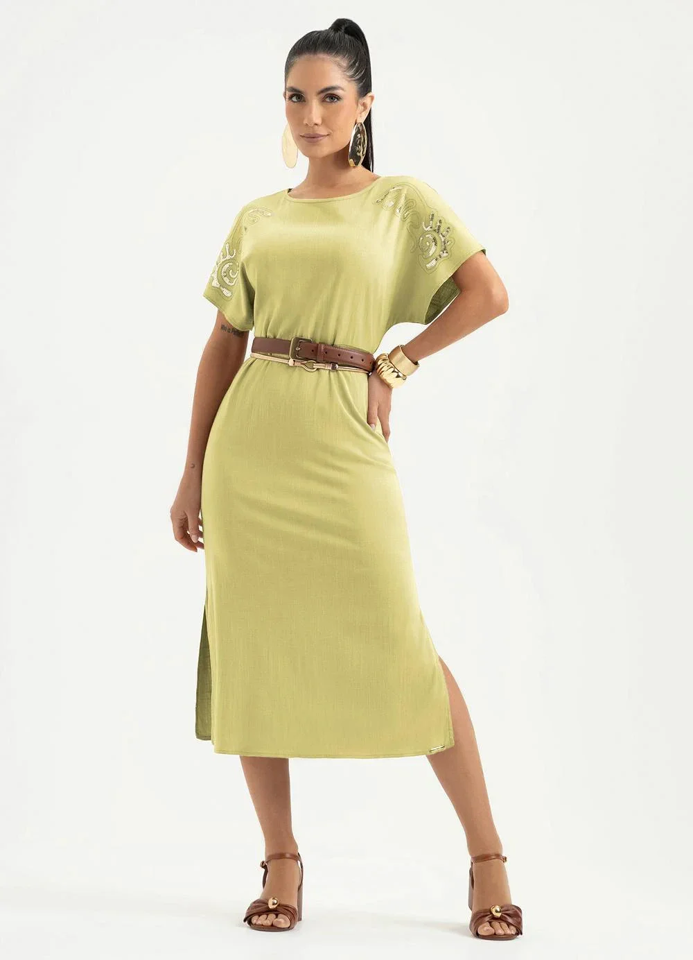 Cativa - Vestido Midi em Viscose Caramelo