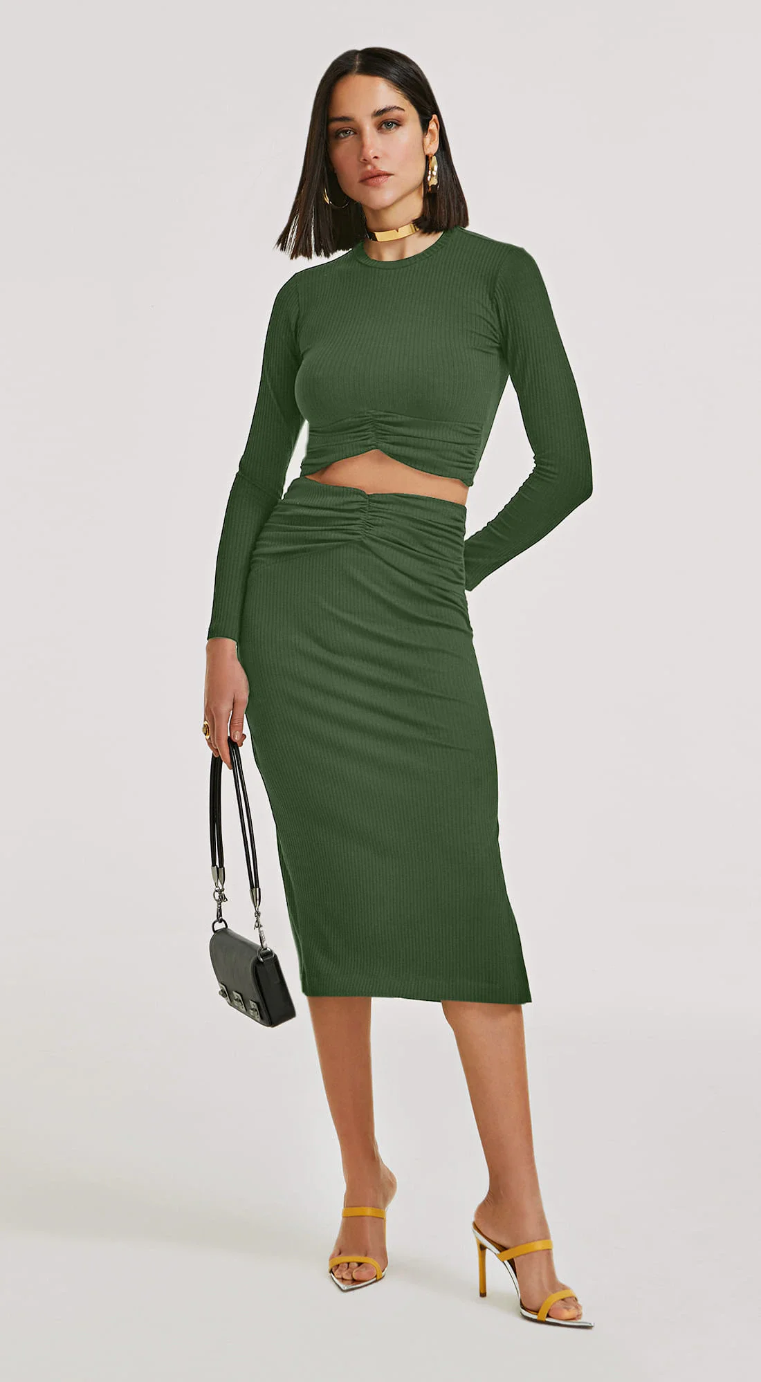 Saia Morena Rosa Midi Justa Com Franzidos Verde