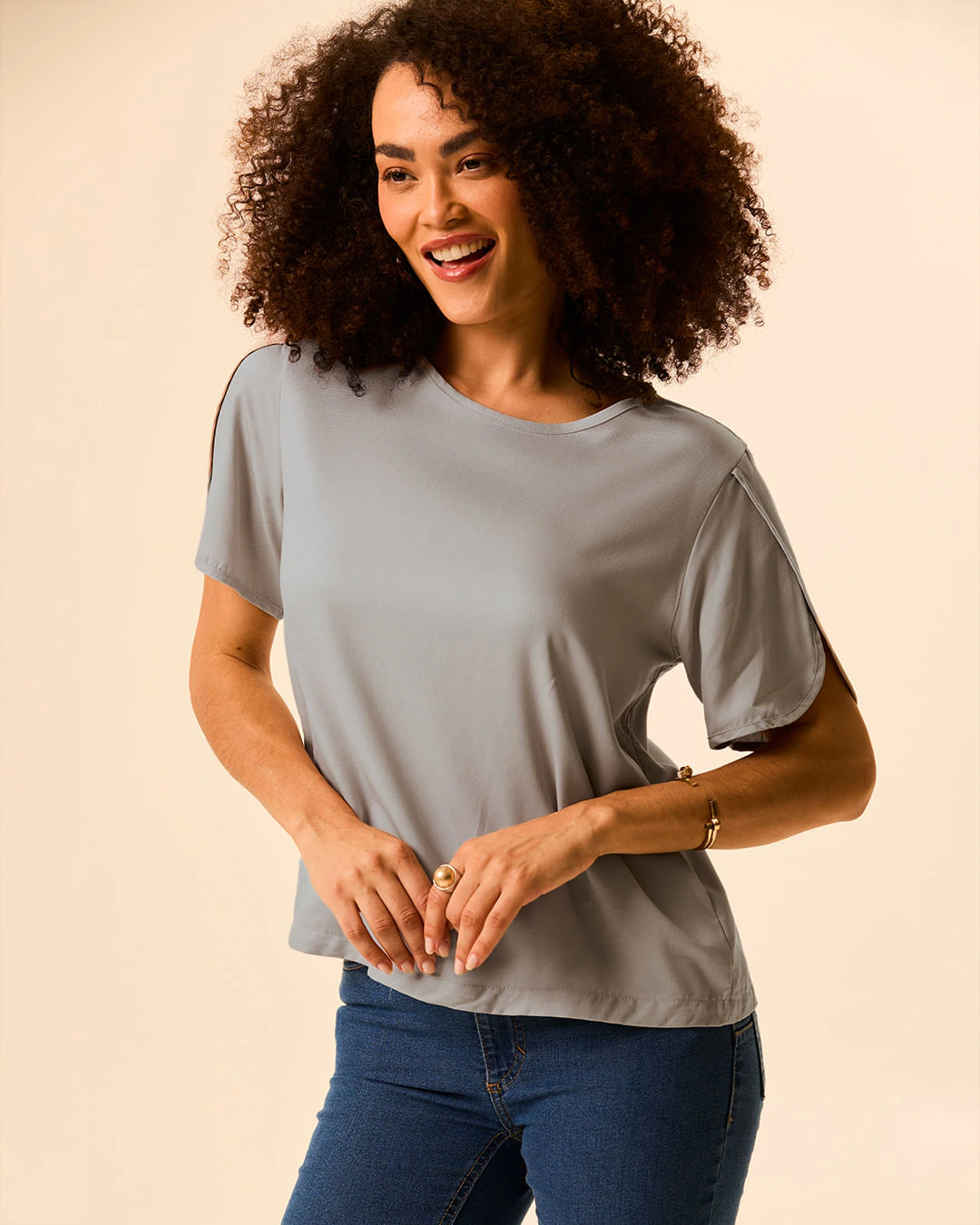 Blusa Feminina Regular Manga Com Detalhe Transpassado Em Viscose