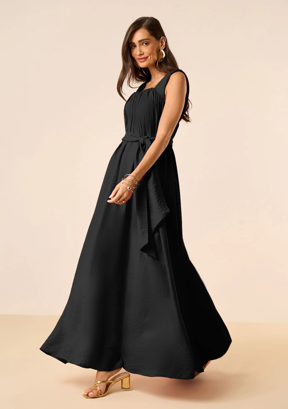 Vestido Maria.Valentina Solto Decote Reto Com Alça Longo Preto