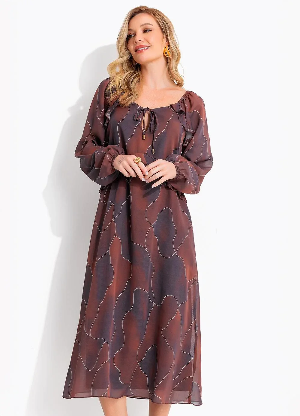 Quintess - Vestido Abstrato Marrom em Chiffon