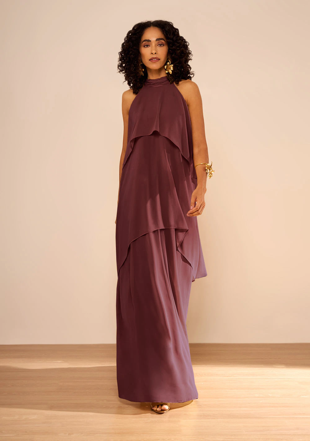 Vestido Solto Gola Alta Sem Manga Longo Bordo