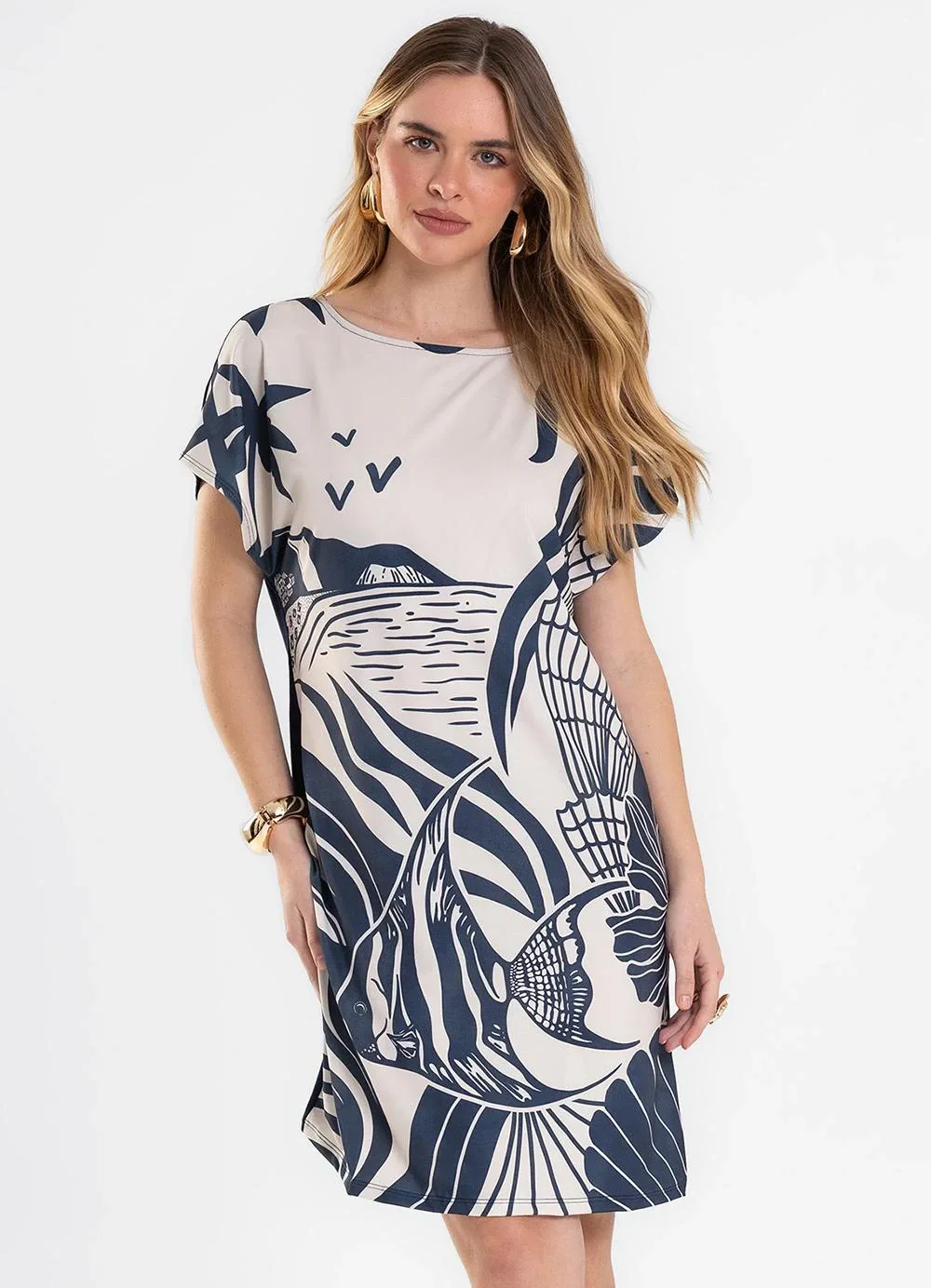 Rovitex - Vestido Curto Feminino Visco Creponada Azul