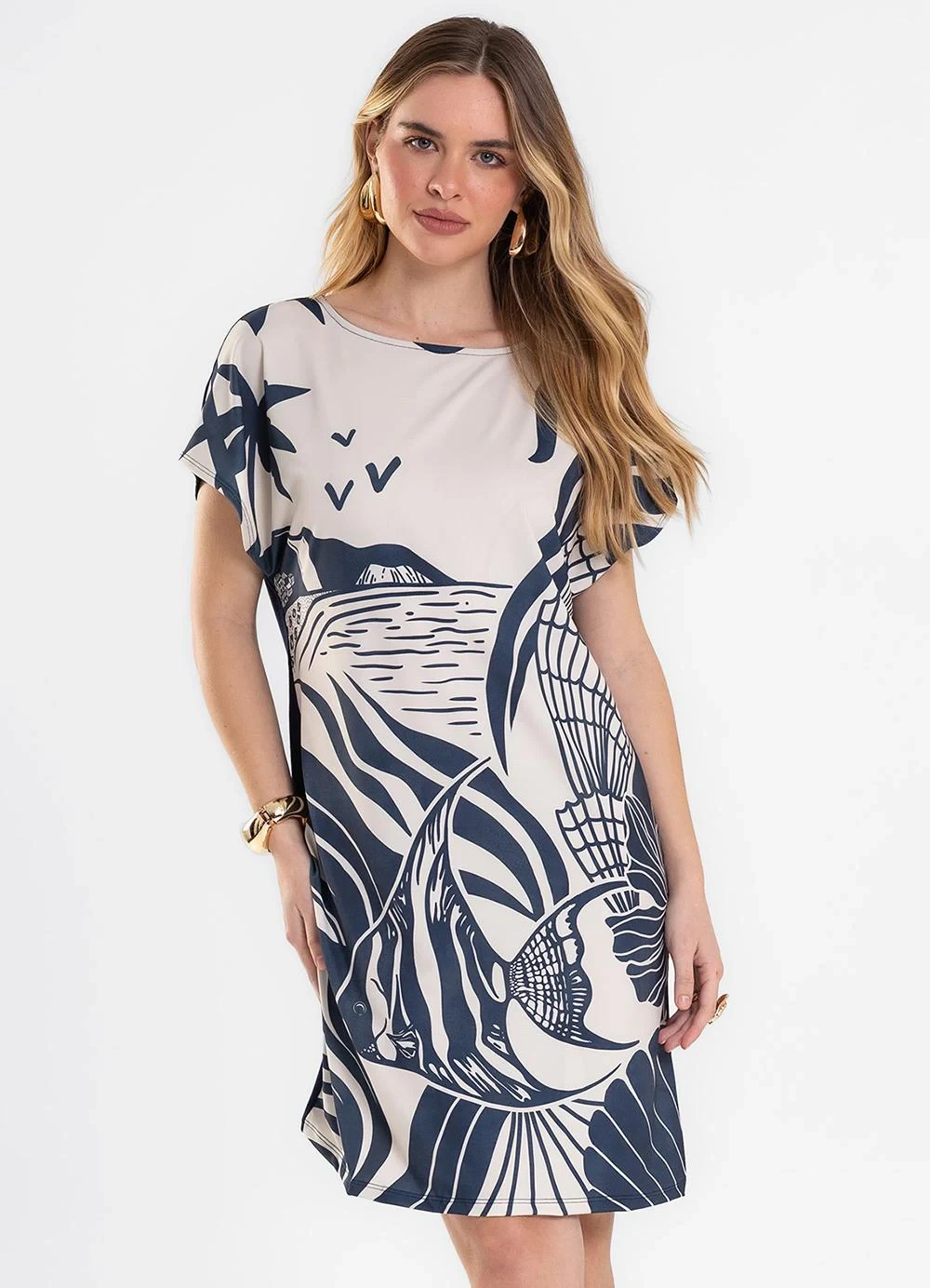 Rovitex - Vestido Curto Feminino Visco Creponada Azul