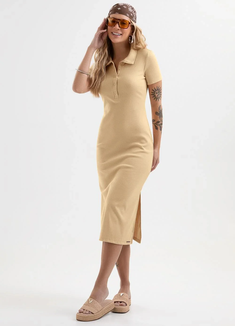 Cativa - Vestido Midi em Canelado Tricô Bege