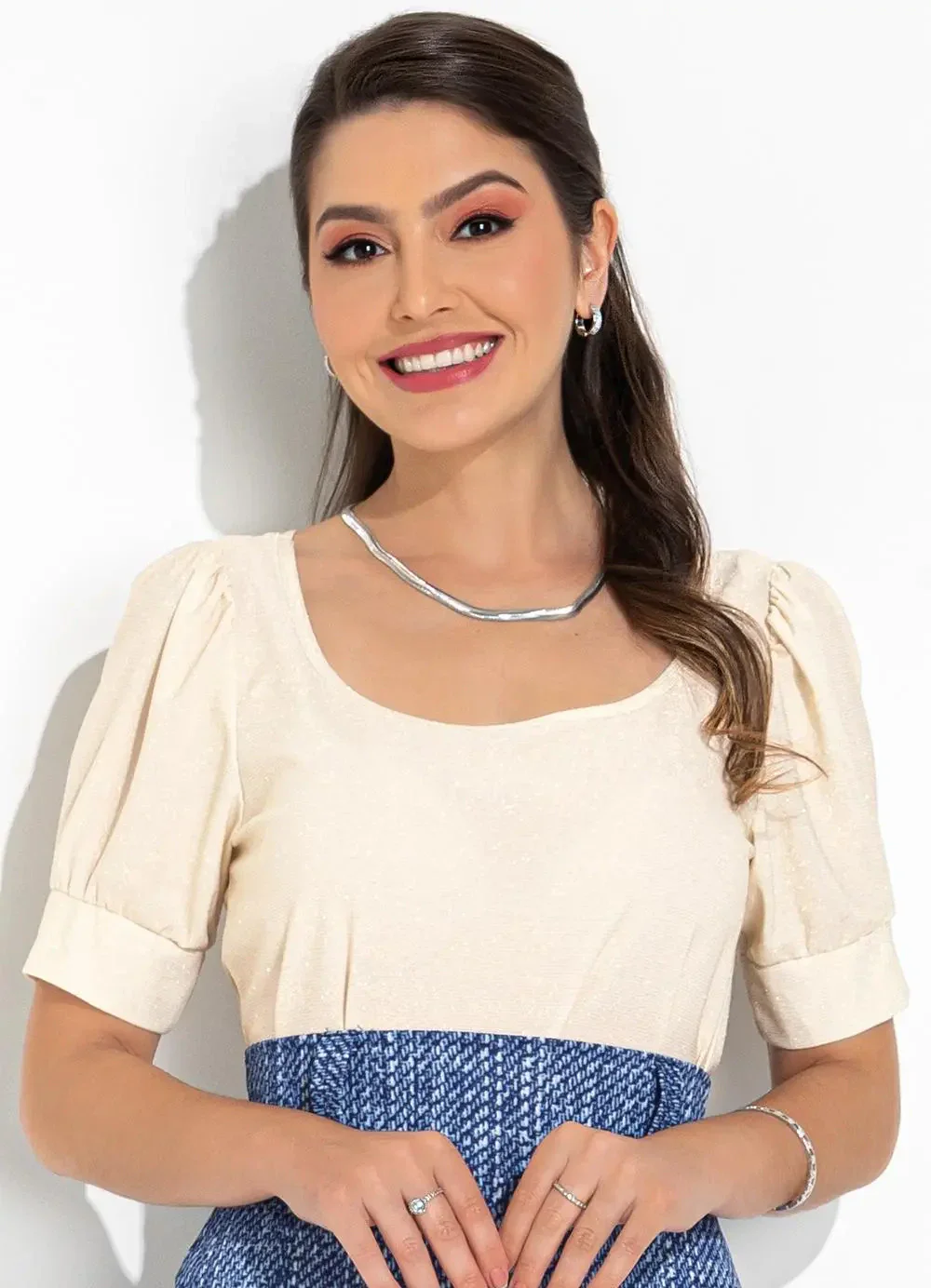 Rosalie - Blusa Off White em Malha com Lurex