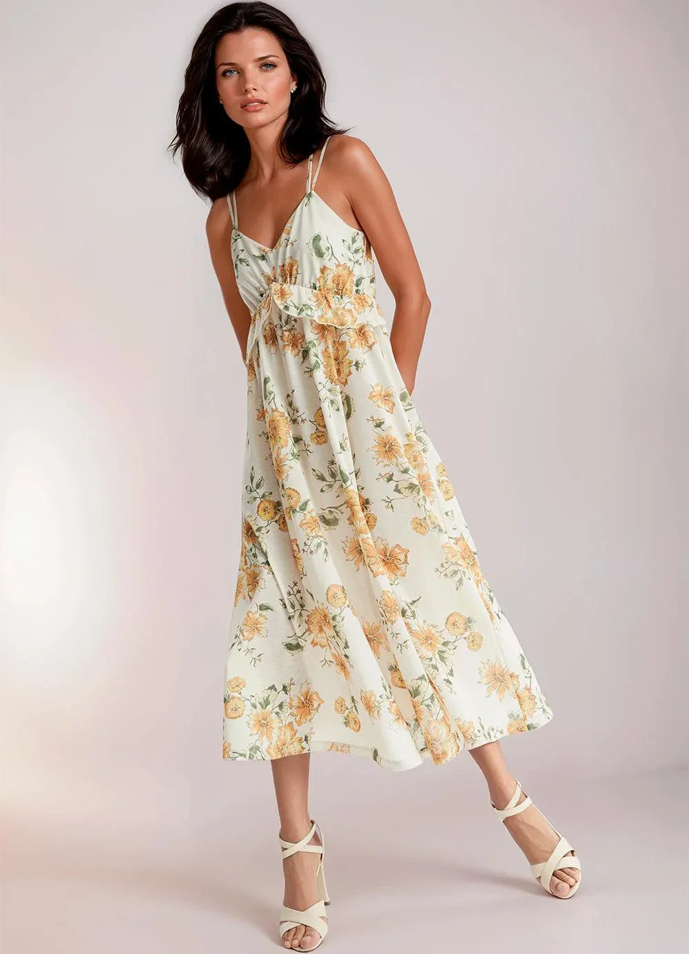 bonprix - Vestido Floral Amarelo em Crepe Plano