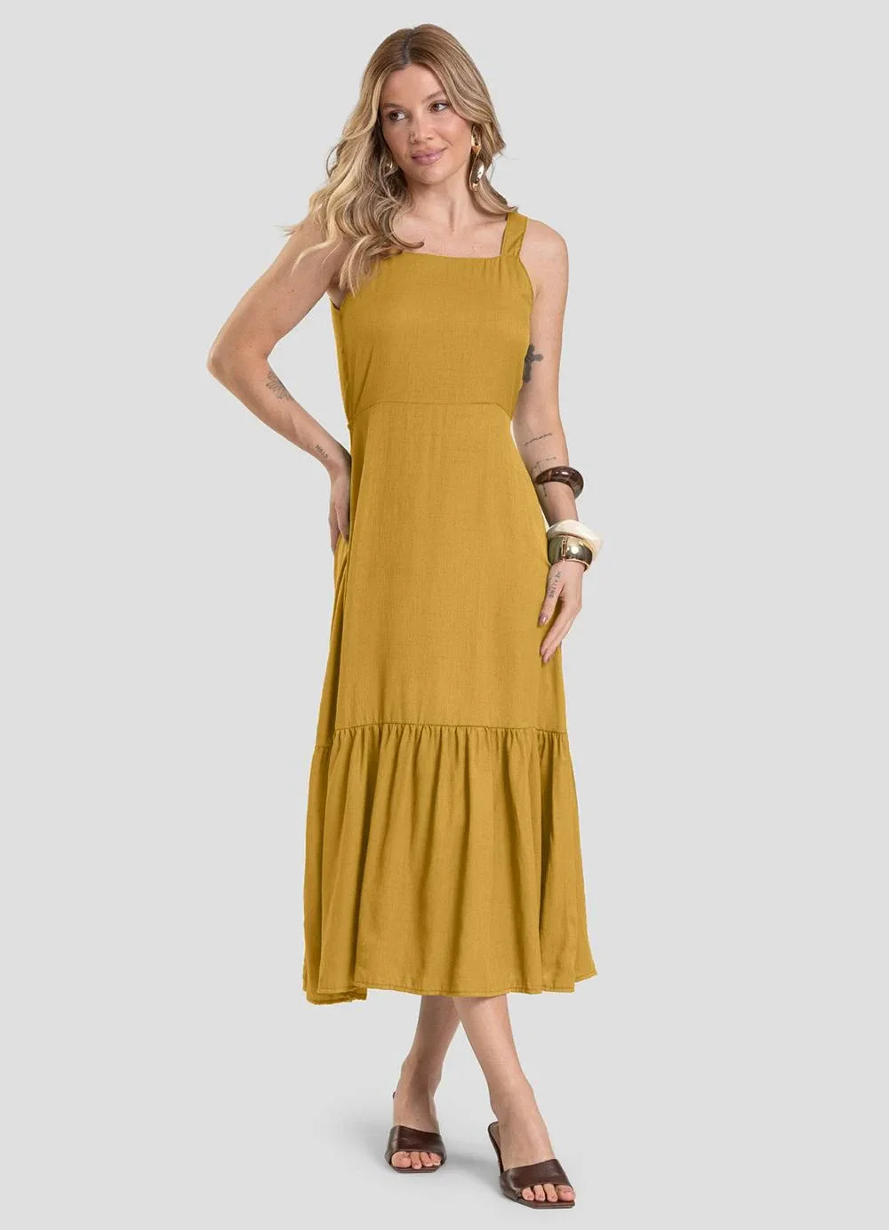 Dianna - Vestido Midi em Viscose Rajada Amarelo