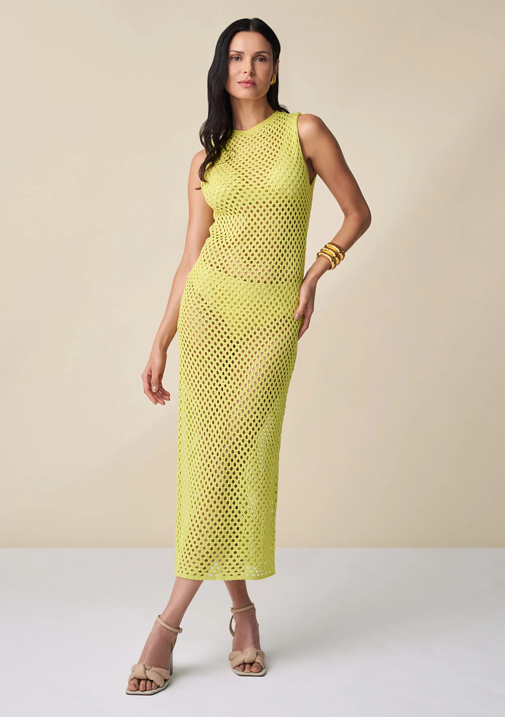 Vestido Maria.Valentina Midi Decote Redondo Detalhe Tela Verde Claro