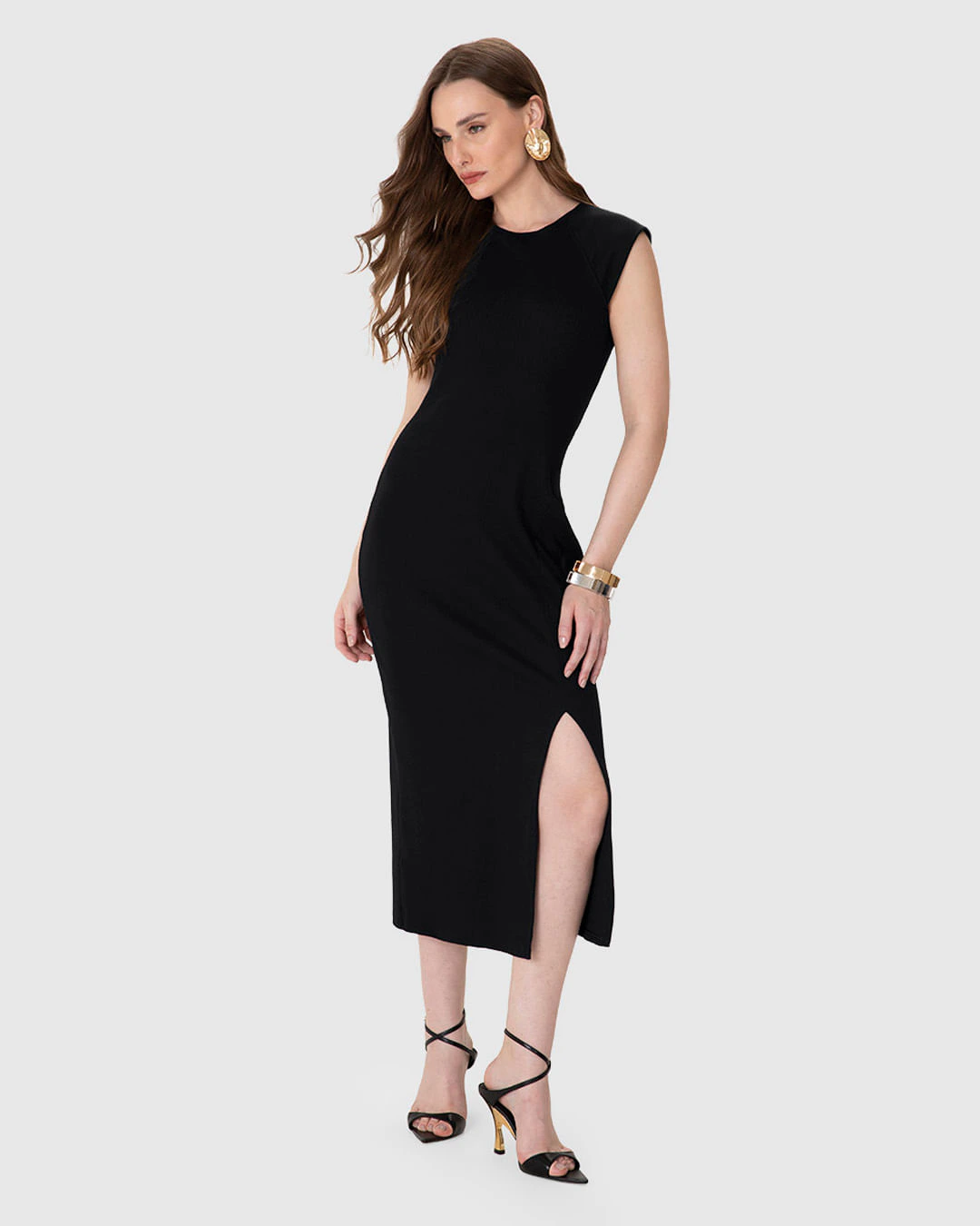 Vestido Midi Feminino Reto Sem Manga Fenda Frontal Em Ribana - ENFIM