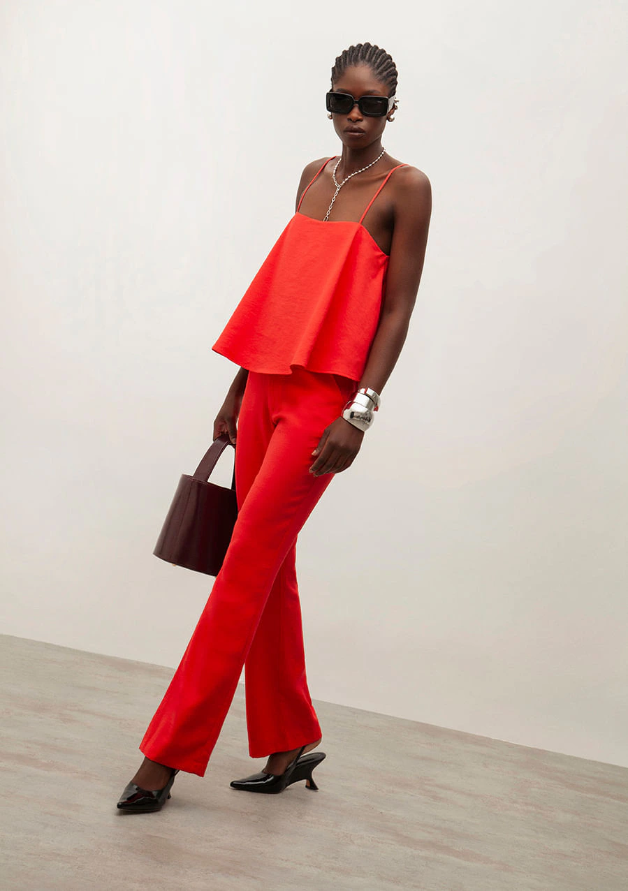 Calça Iódice Boot Cut Cós Alto Com Bolso Vermelho