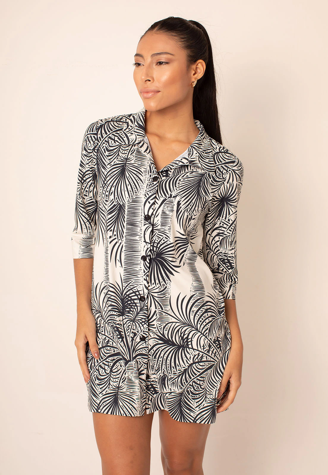 Camisão Fluxy Com Gola Manga 3/4 e Botões - Veredas