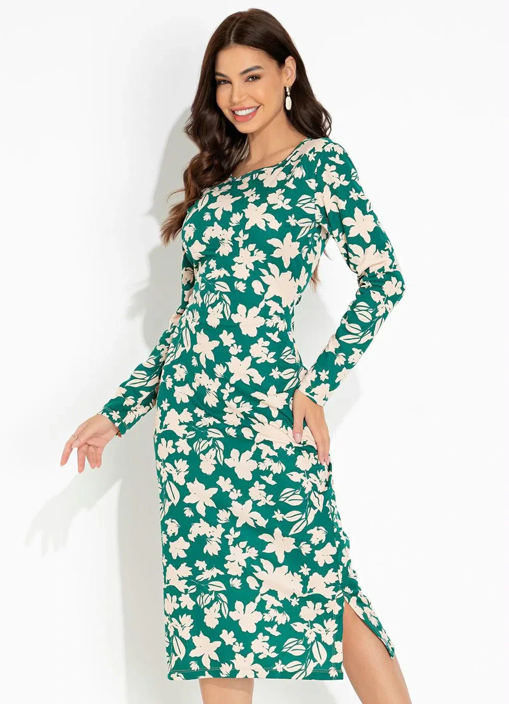 Moda Pop - Vestido Floral Verde com Fendas e Manga Longa