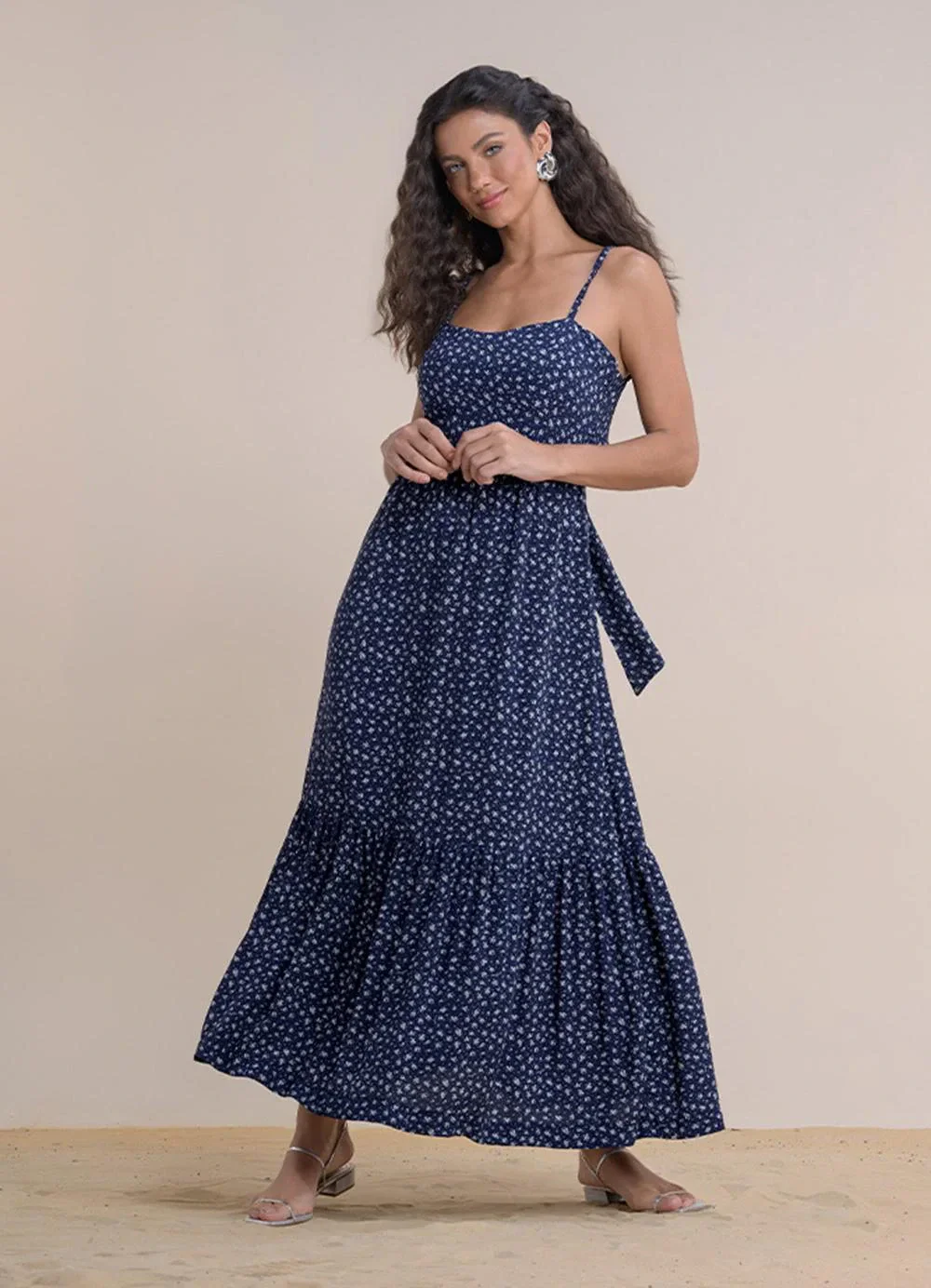 Angel - Vestido Midi Viscose Estampada Azul