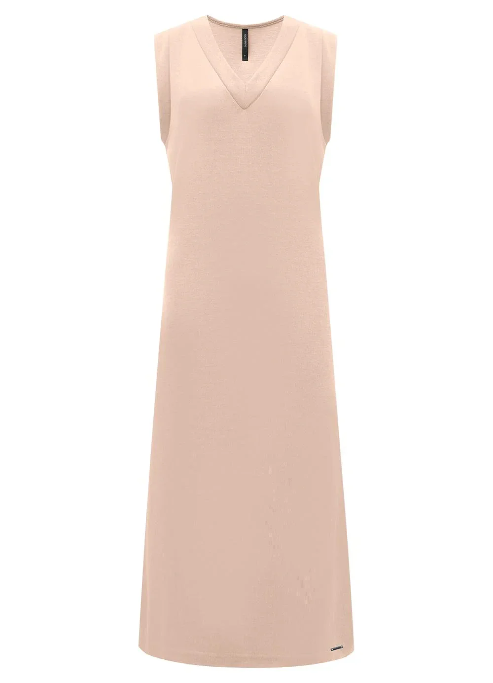 Lunender - Vestido com Decote em V Midi Chá Tricô Bege