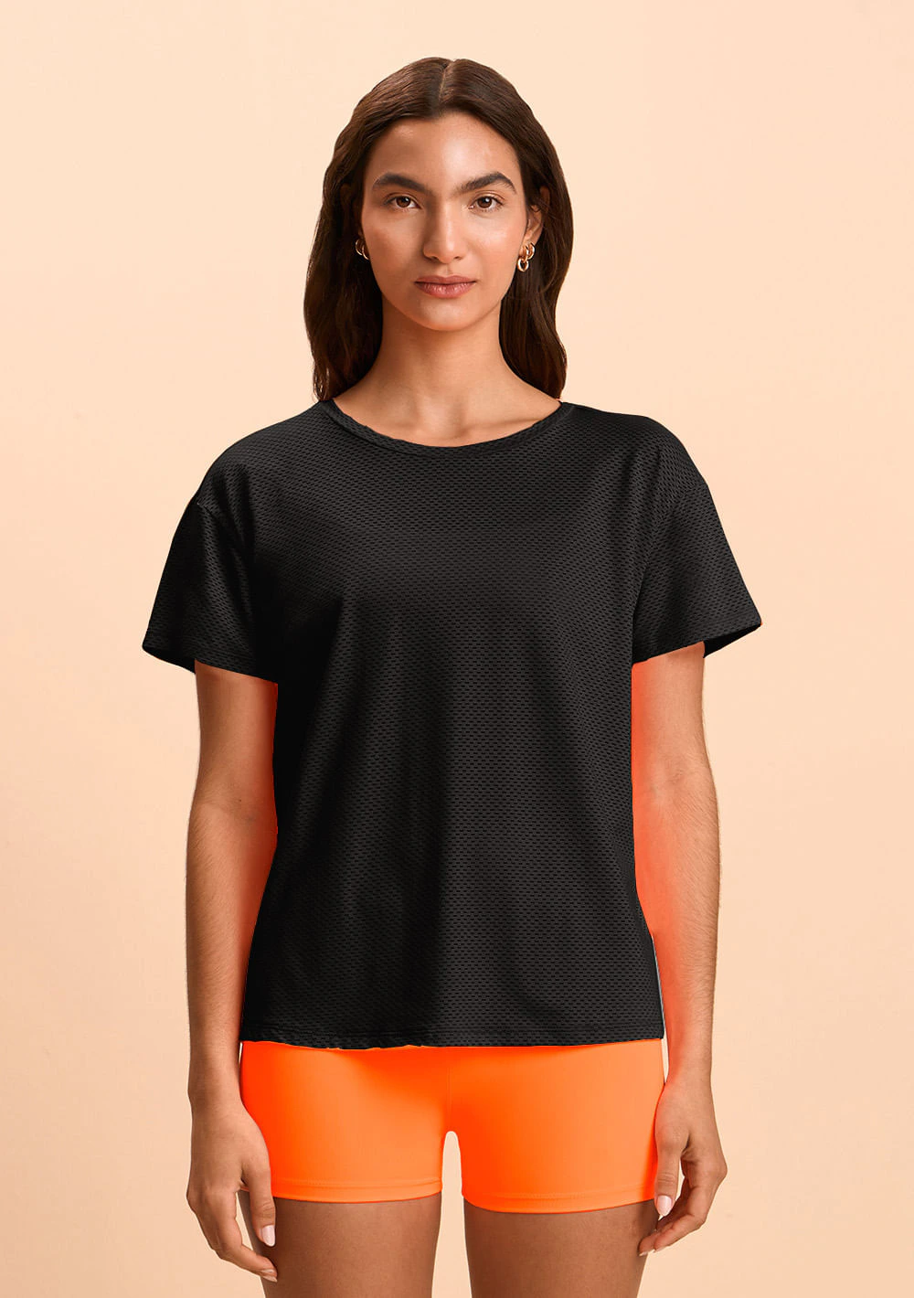Blusa Morena Rosa Ajustada Decote Careca Manga Curta Padrão Preto