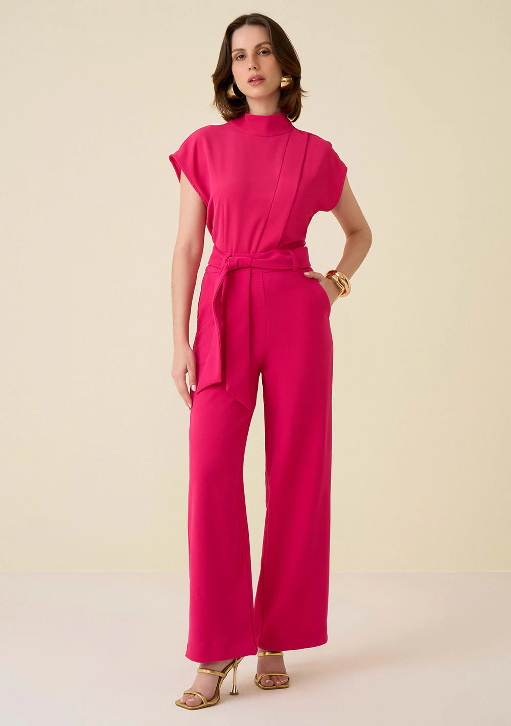 Calça Maria.Valentina Pantalona Cós Alto Com Faixa Pink