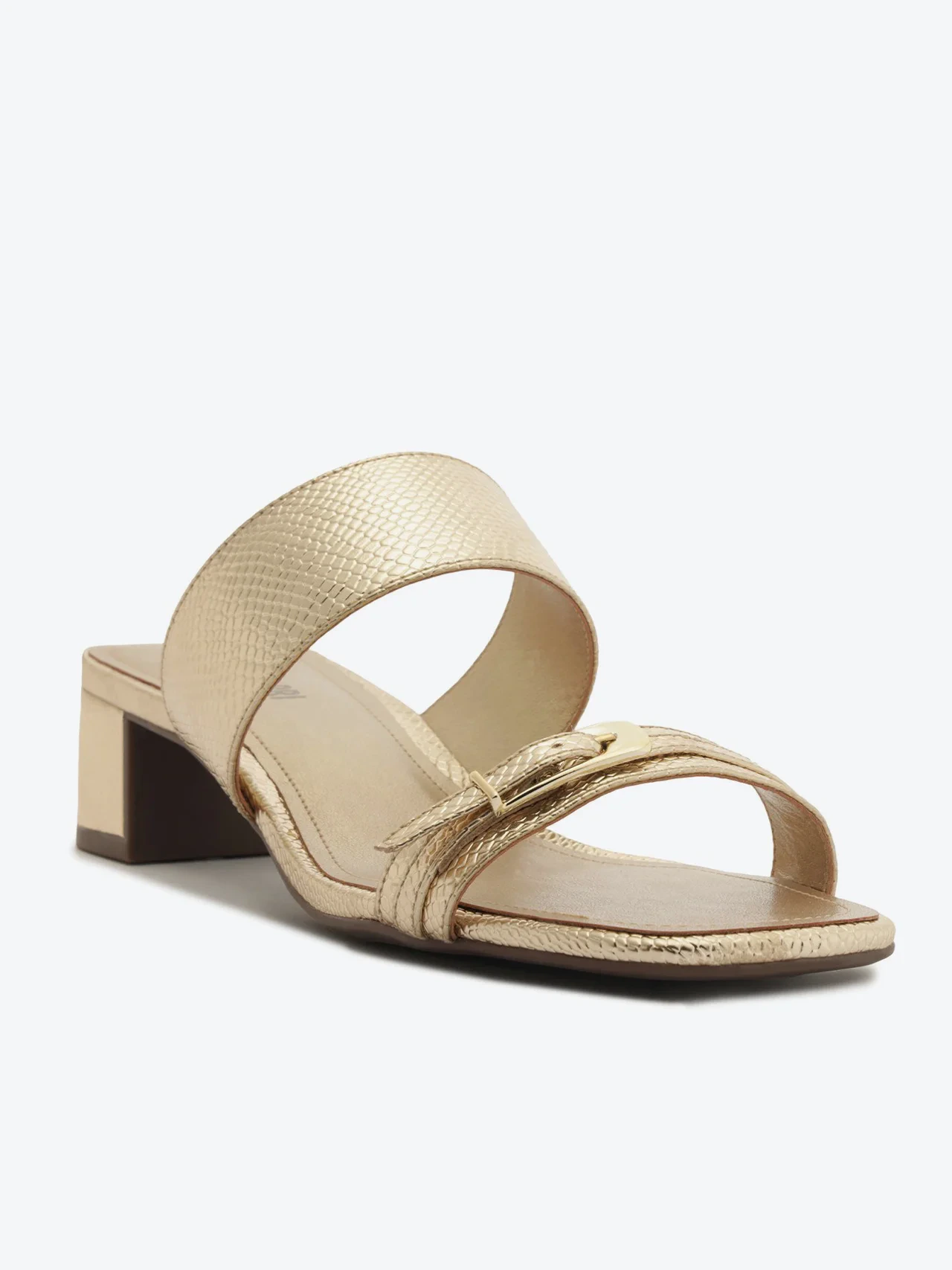 Tamanco Salto Bloco Detalhe Metal Dourado