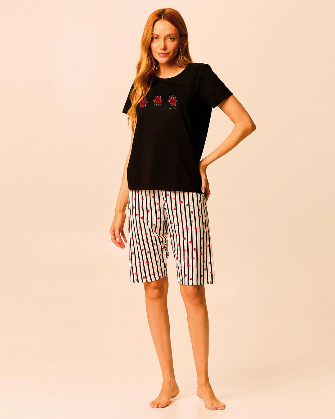 Pijama Curto Feminino Camiseta E Bermuda Estampada Em Malha Algodão