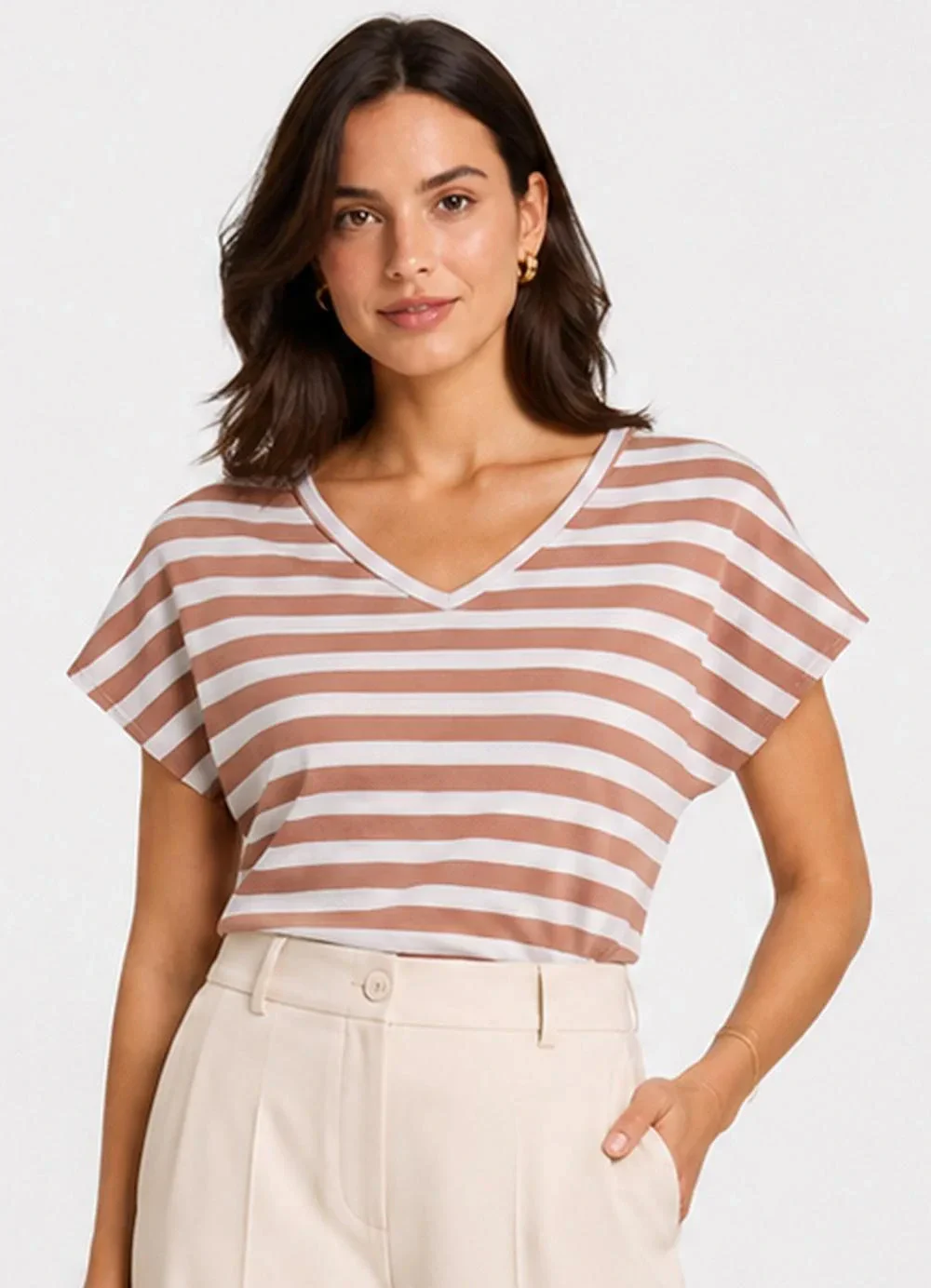 Infinita Cor - Blusa Feminina em Ribana Decote V Marrom