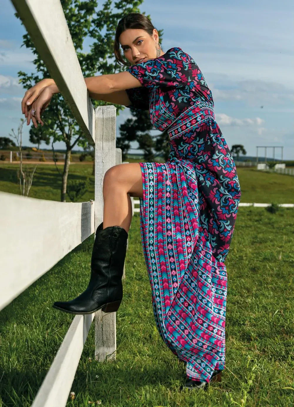 Quintess - Vestido Longo Estampa Arabesco Folk