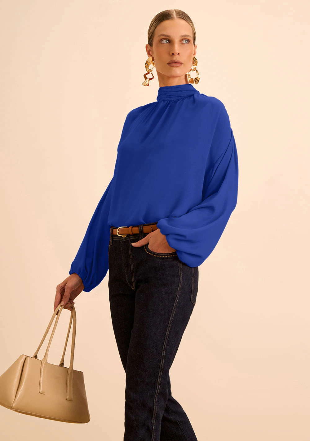 Blusa Maria.Valentina Solta Gola Alta Manga Longa Padrão Azul