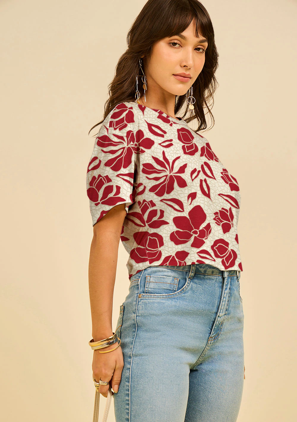 Camiseta Zinco Solta Decote Careca Manga Curta Padrão Vermelho/Branco