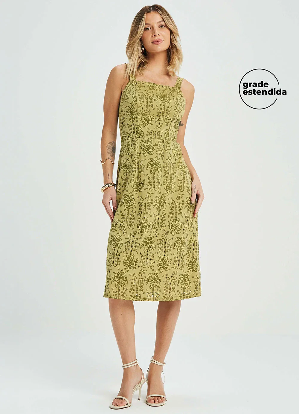 Marialícia - Vestido Feminino Midi Tropical Devorê Verde