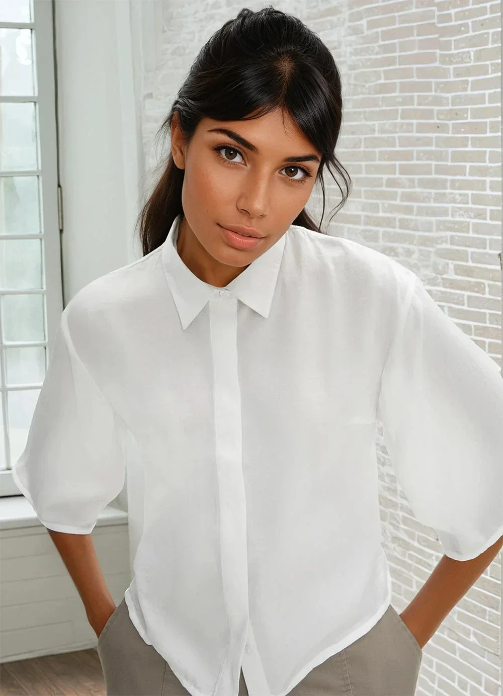 bonprix - Blusa Off White em Crepe Plano