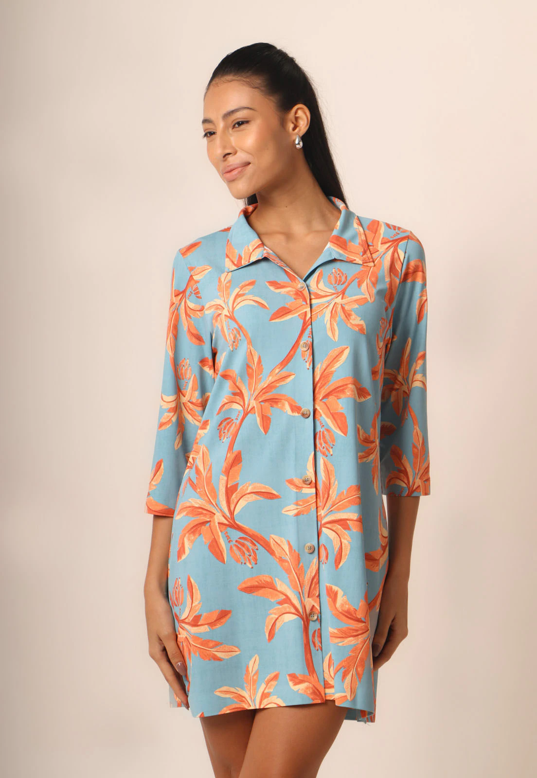 Camisão Fluxy Com Gola Manga 3/4 e Botões - Tropical Azure