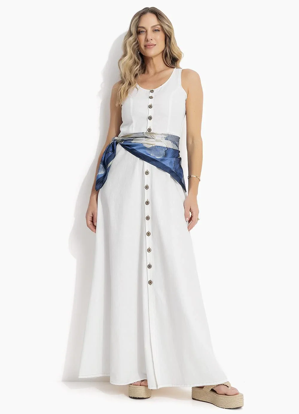 Quintess - Vestido Off White em Jeans Leve
