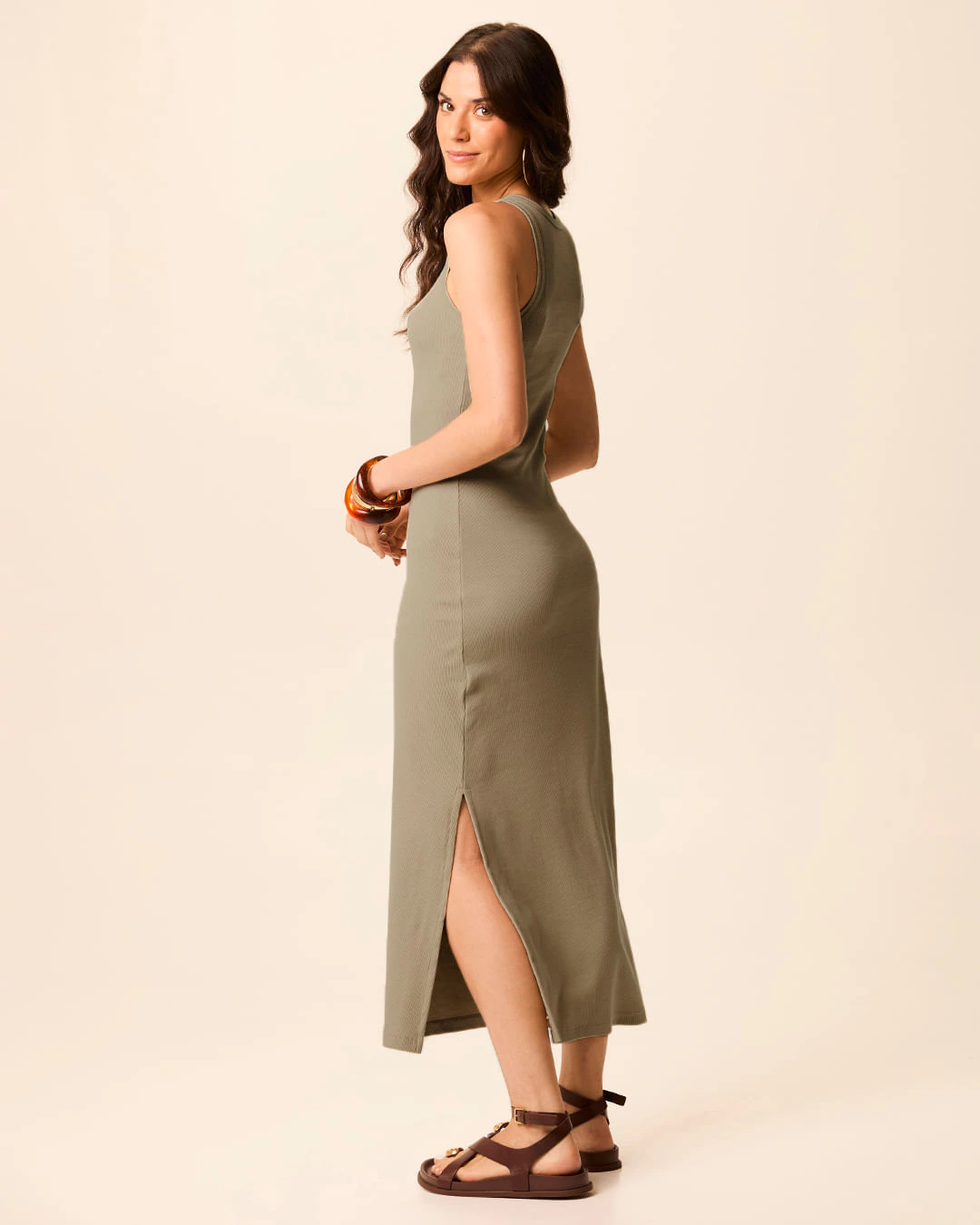 Vestido Midi Básico Feminino Slim Fenda Lateral Em Ribana