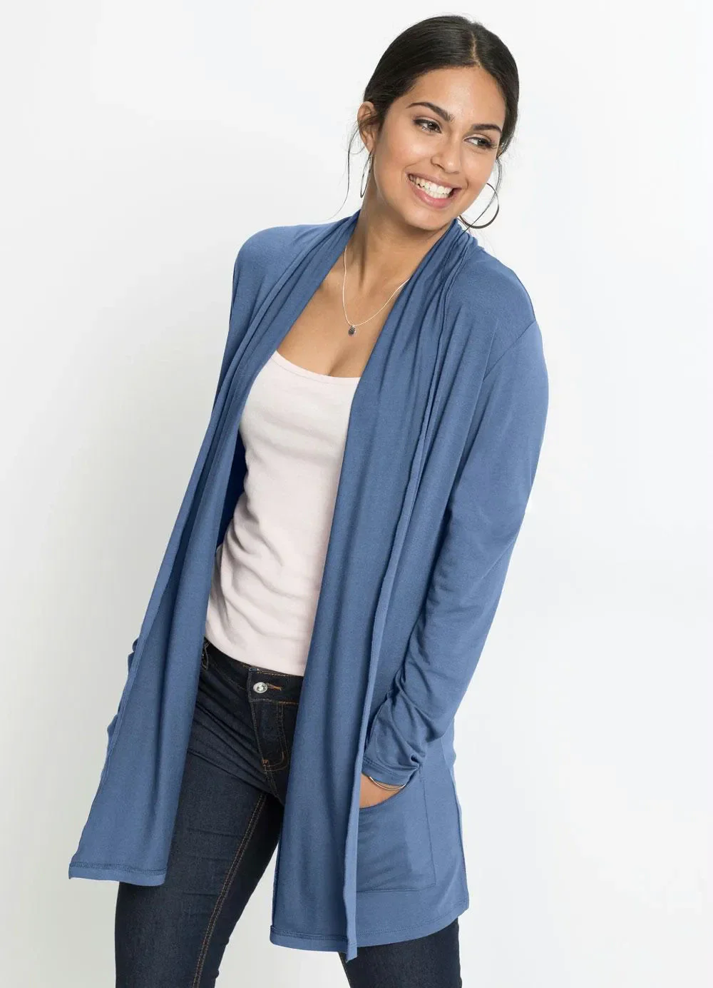 bonprix - Cardigan Alongado com Bolsos Azul Claro