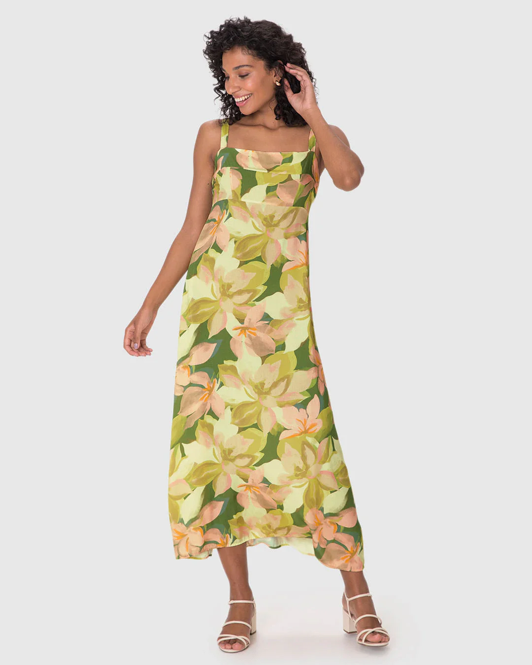 Vestido Midi Feminino Reto Acinturado Estampa Digital Em Viscose