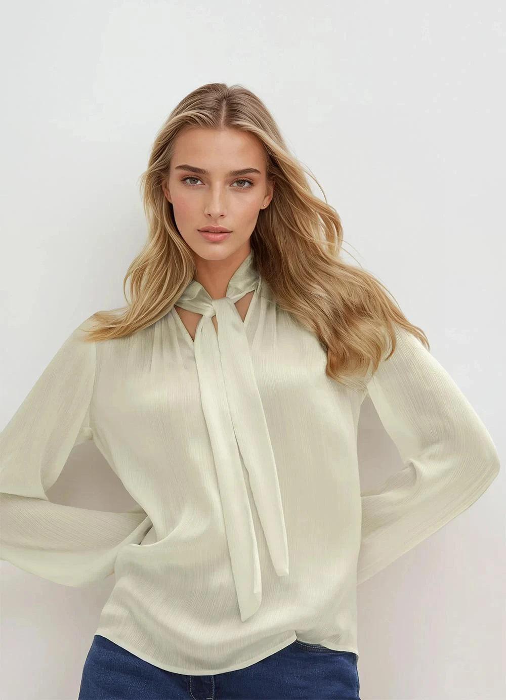 bonprix - Blusa Off White em Tecido Acetinado com Textura.