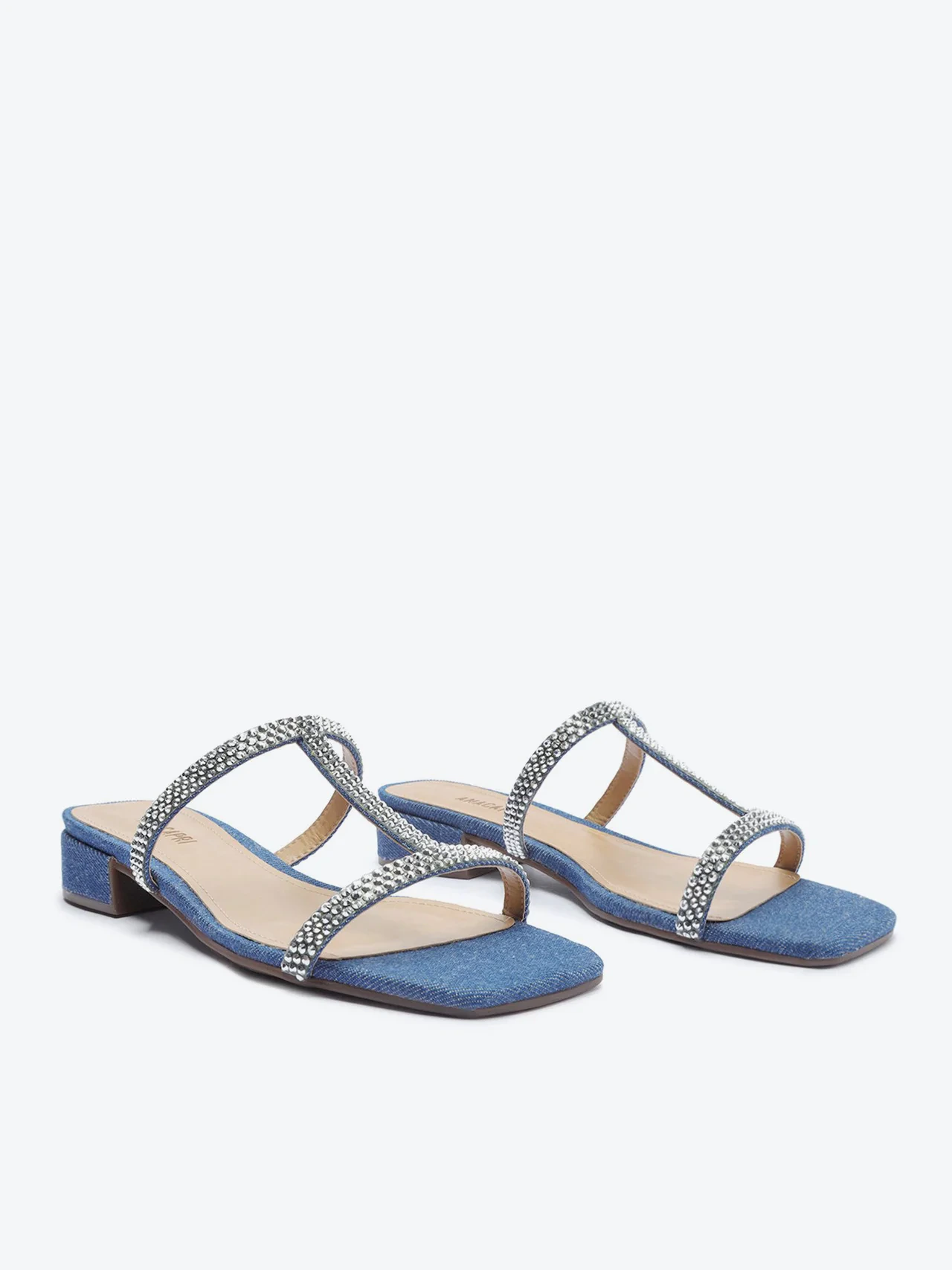 Sandália Mule Gladiadora Brilho Salto Bloco Jeans Azul