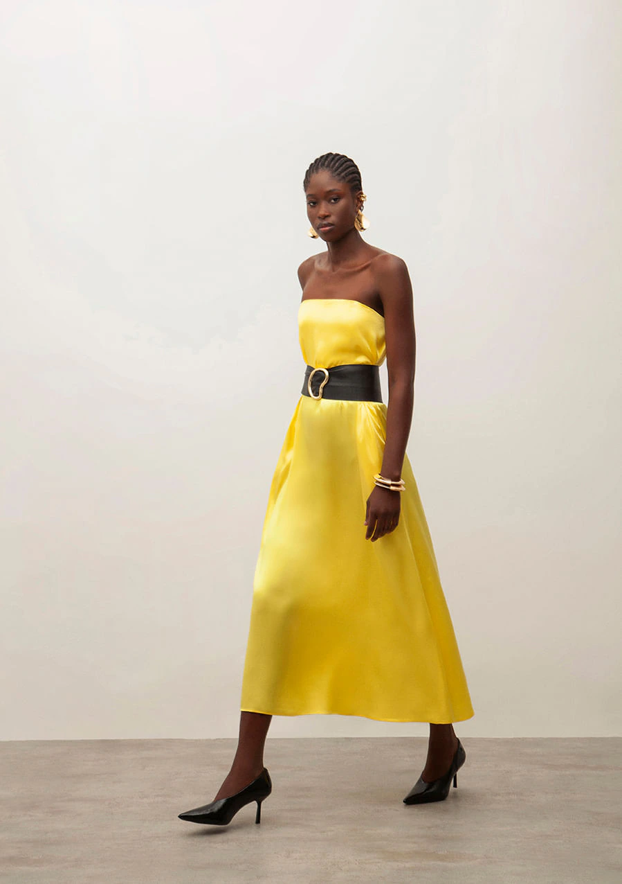 Vestido Iódice Midi Decote Redondo Com Faixa Amarelo