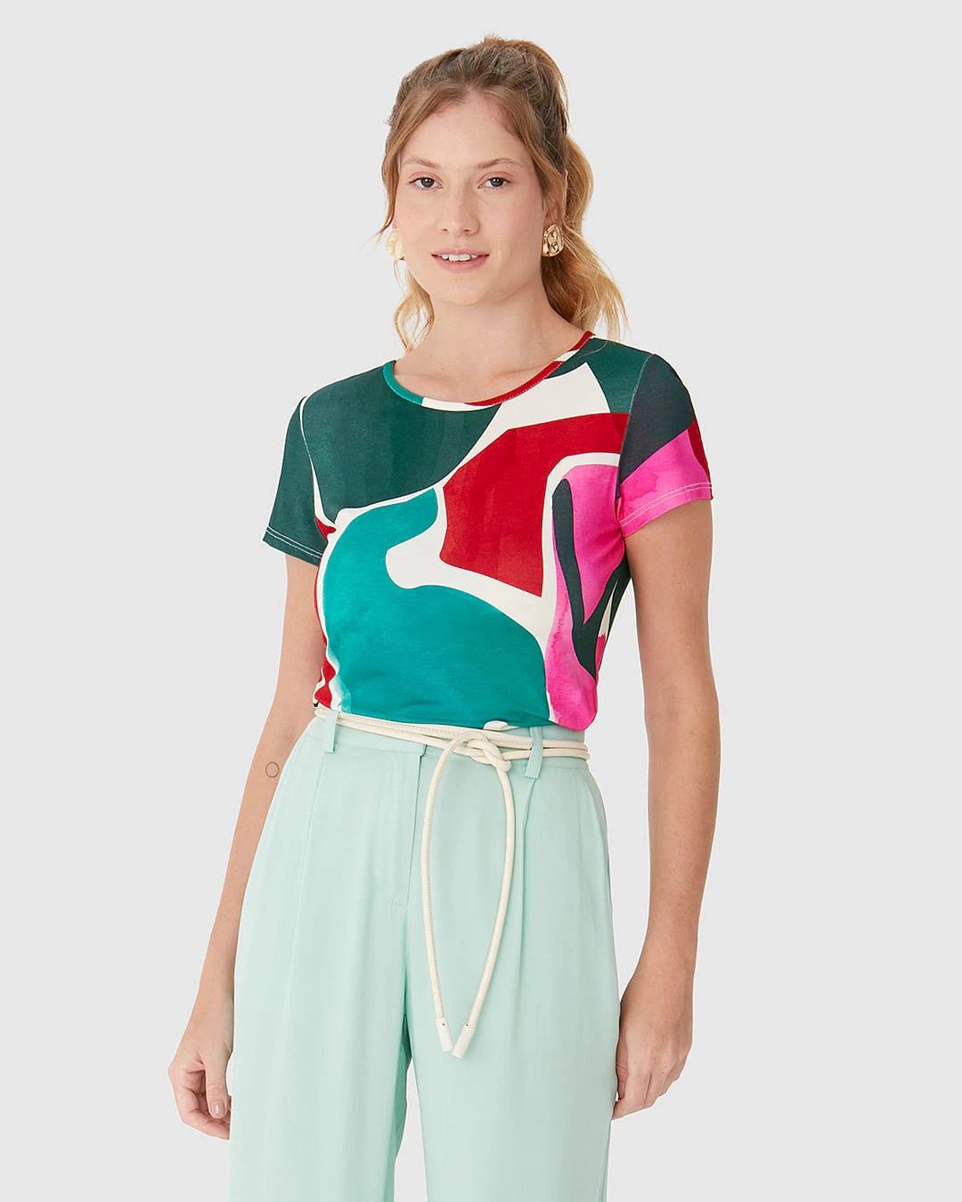 Blusa Feminina Manga Curta Estampa Geométrica Em Viscose Stretch