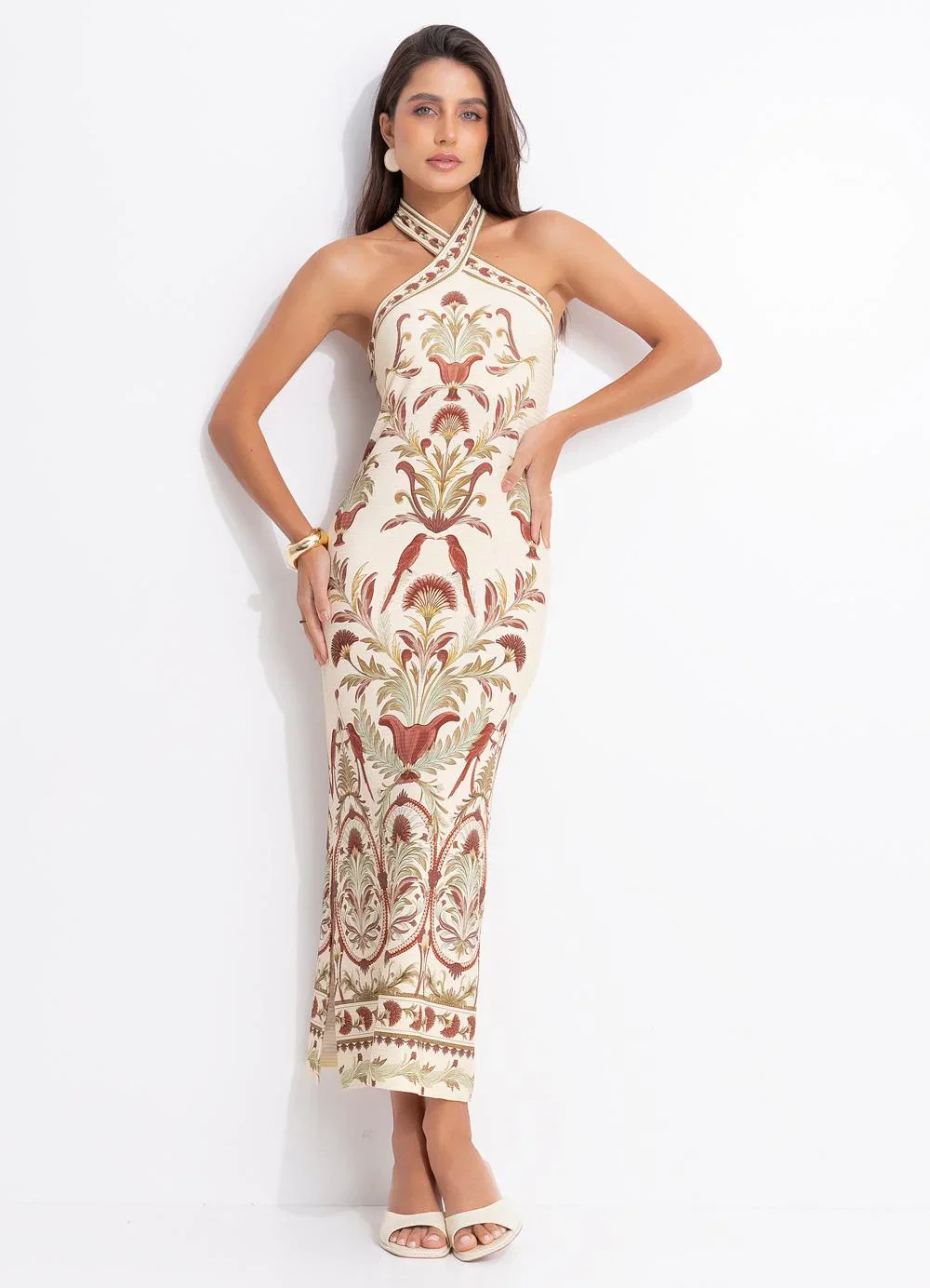 Farm - Vestido Midi Jardim Louise Bege