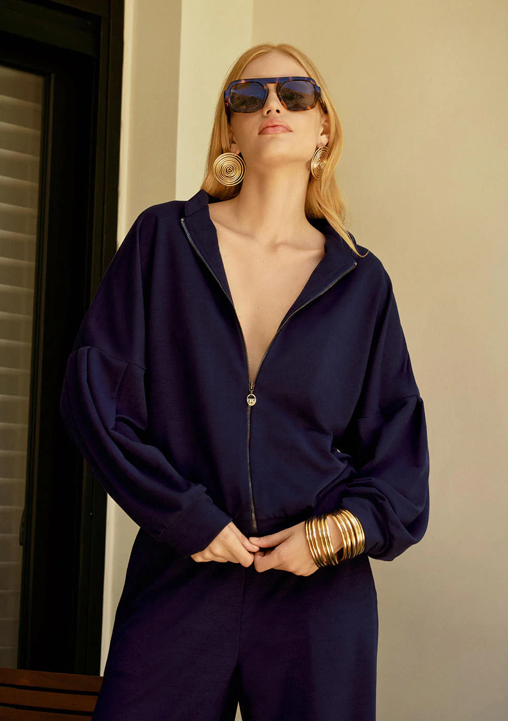 Blusa Zinco Solta Gola Padre Manga Longa Padrão Azul