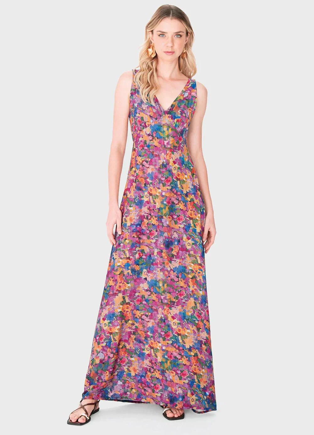 Enfim - Vestido Longo Evasê Floral Fúcsia