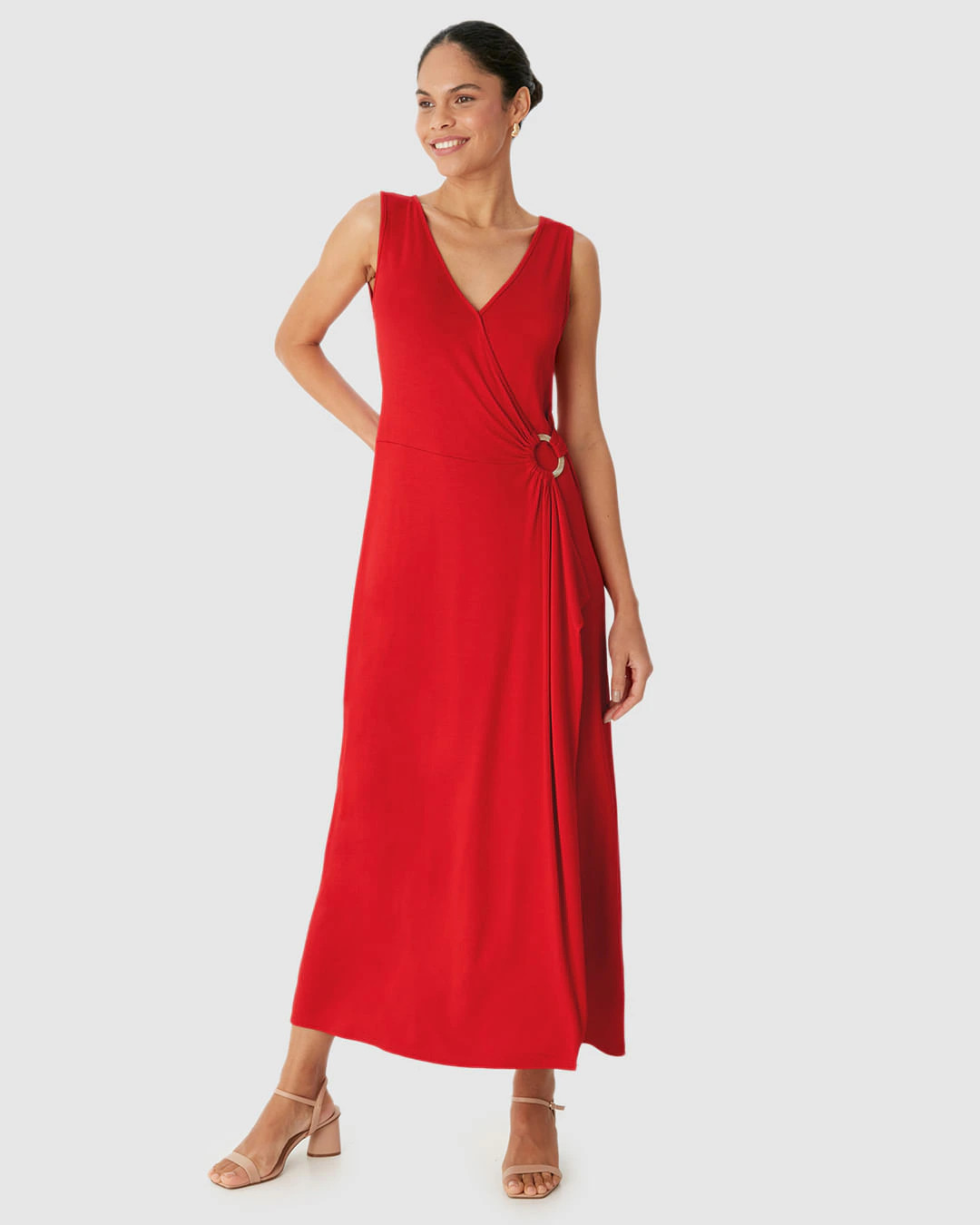 Vestido Longo Feminino Transpassado Detalhe Com Argola Em Viscose Stretch