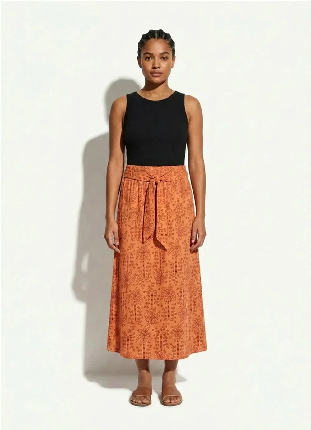 Marialícia - Saia Midi Feminina Tropical Devorê Laranja