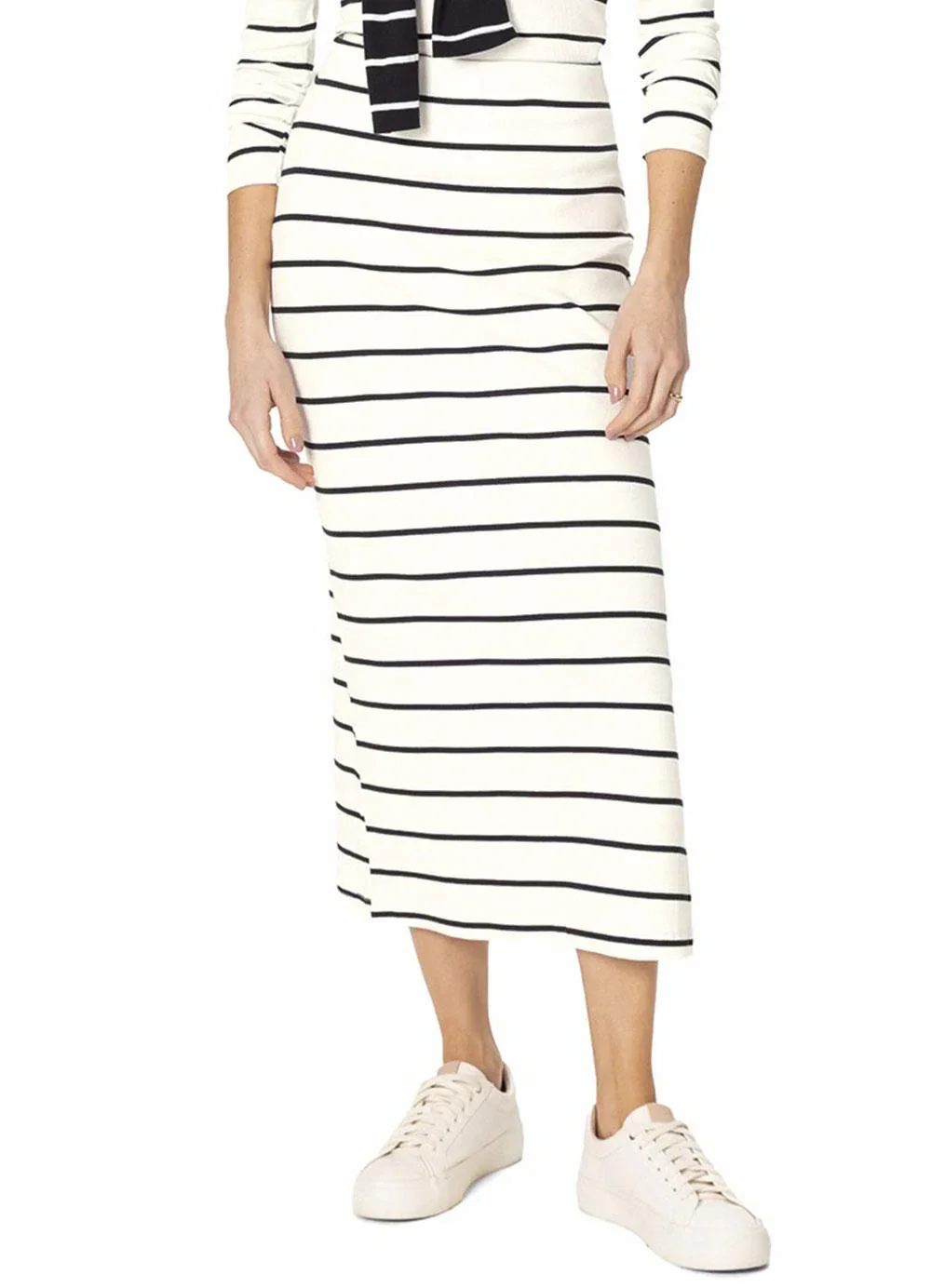 Malwee - Saia Midi Canelada Listrada com Fenda Off White